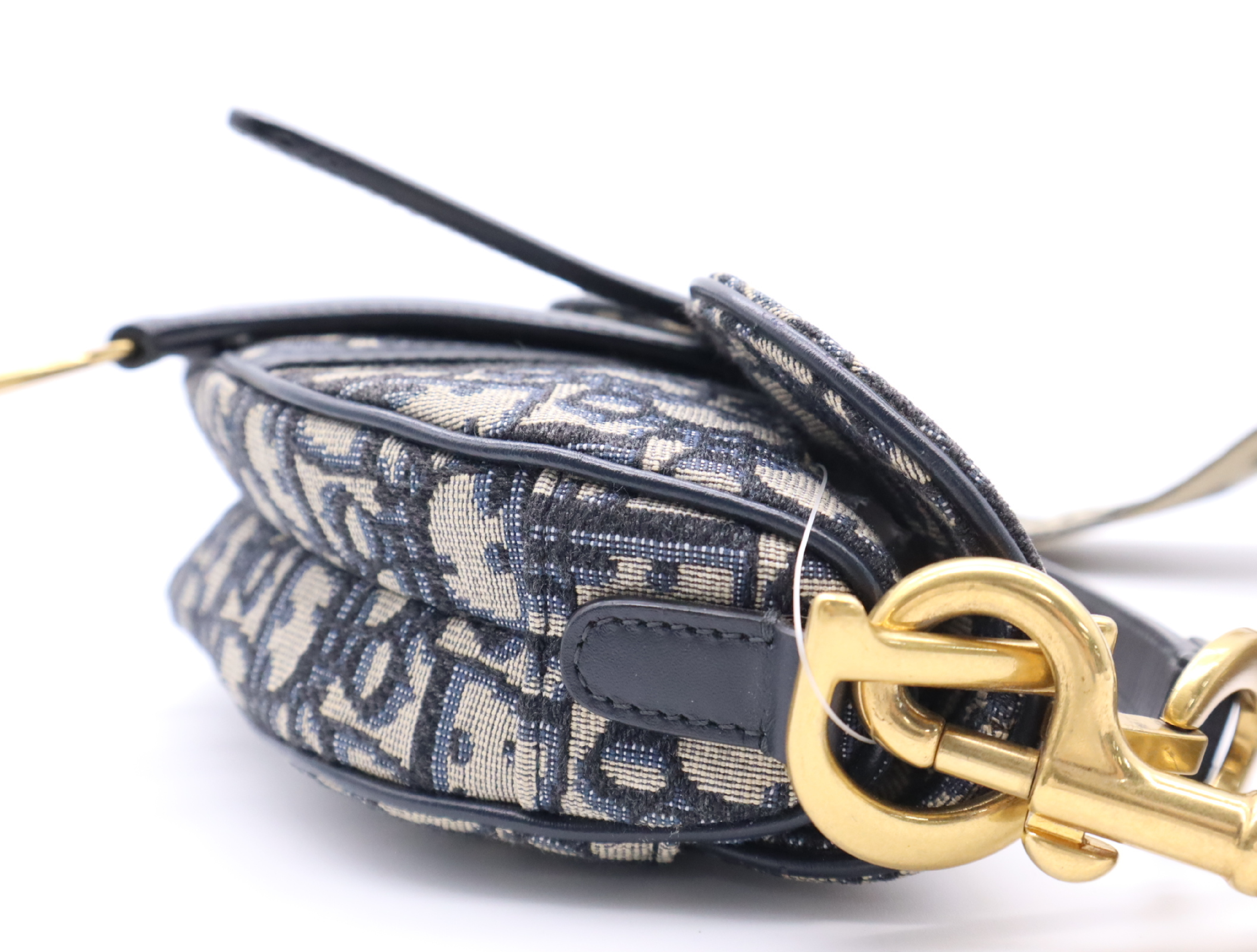 Canvas x Leather Oblique Saddle Bag, Navy, Gold Hardware, with Shoulder Strap, Handbag — view 5