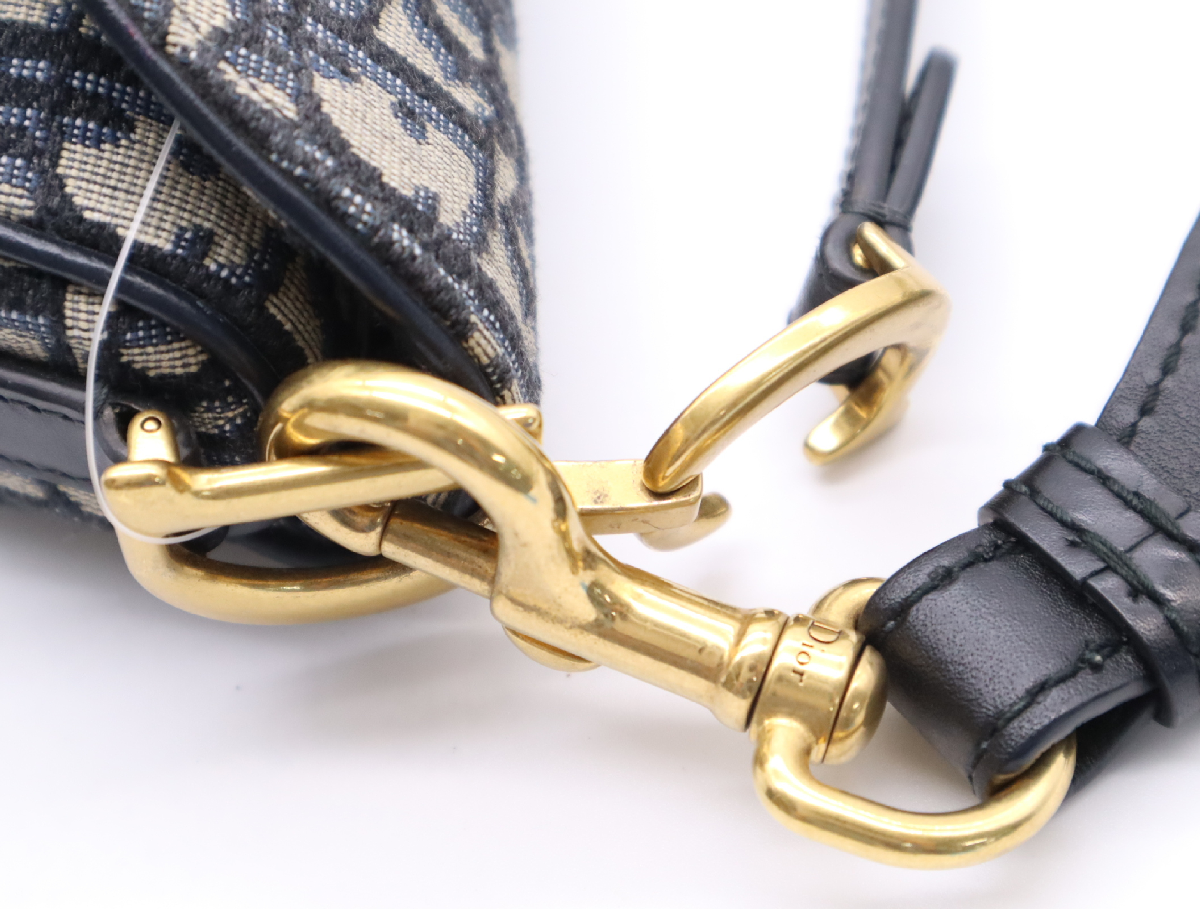 Canvas x Leather Oblique Saddle Bag, Navy, Gold Hardware, with Shoulder Strap, Handbag — view 8