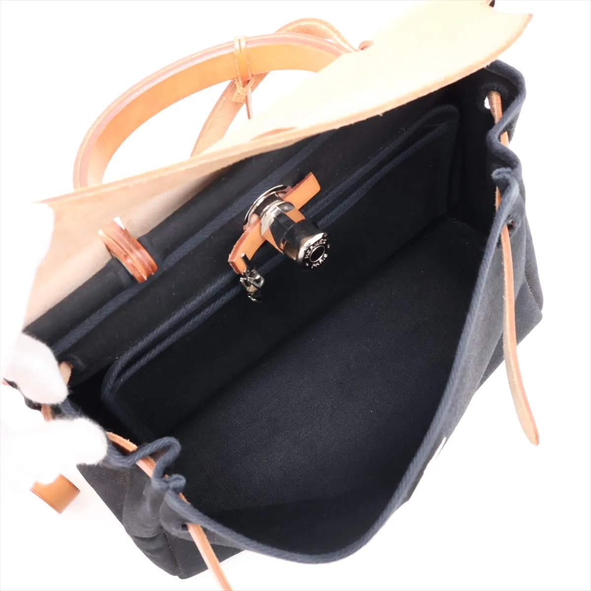 Herbag PM Toile Officier x Vache Hunter 2-way Shoulder Bag Black x Beige Silver Hardware G:2003 — view 8