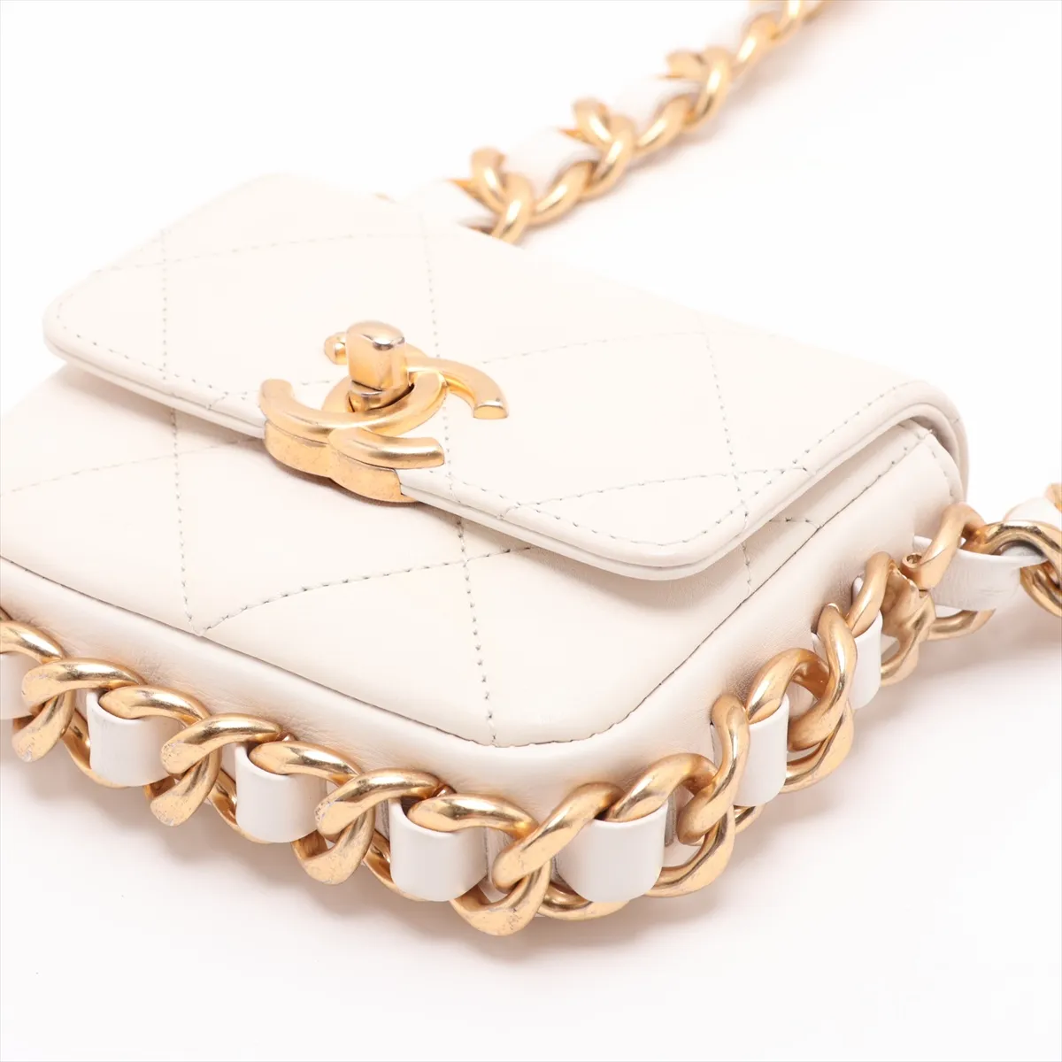 Mini Matelassé Lambskin Chain Shoulder Bag, Chain Around, White, Gold Hardware, T42L5868, Random Plate — view 3
