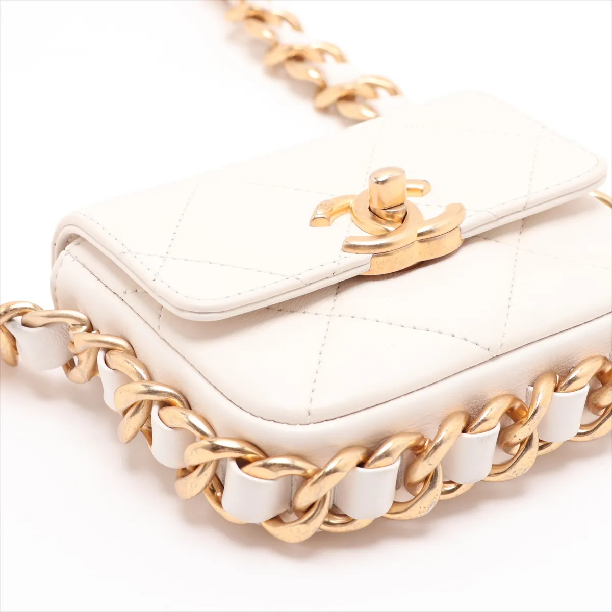 Mini Matelassé Lambskin Chain Shoulder Bag, Chain Around, White, Gold Hardware, T42L5868, Random Plate — view 4