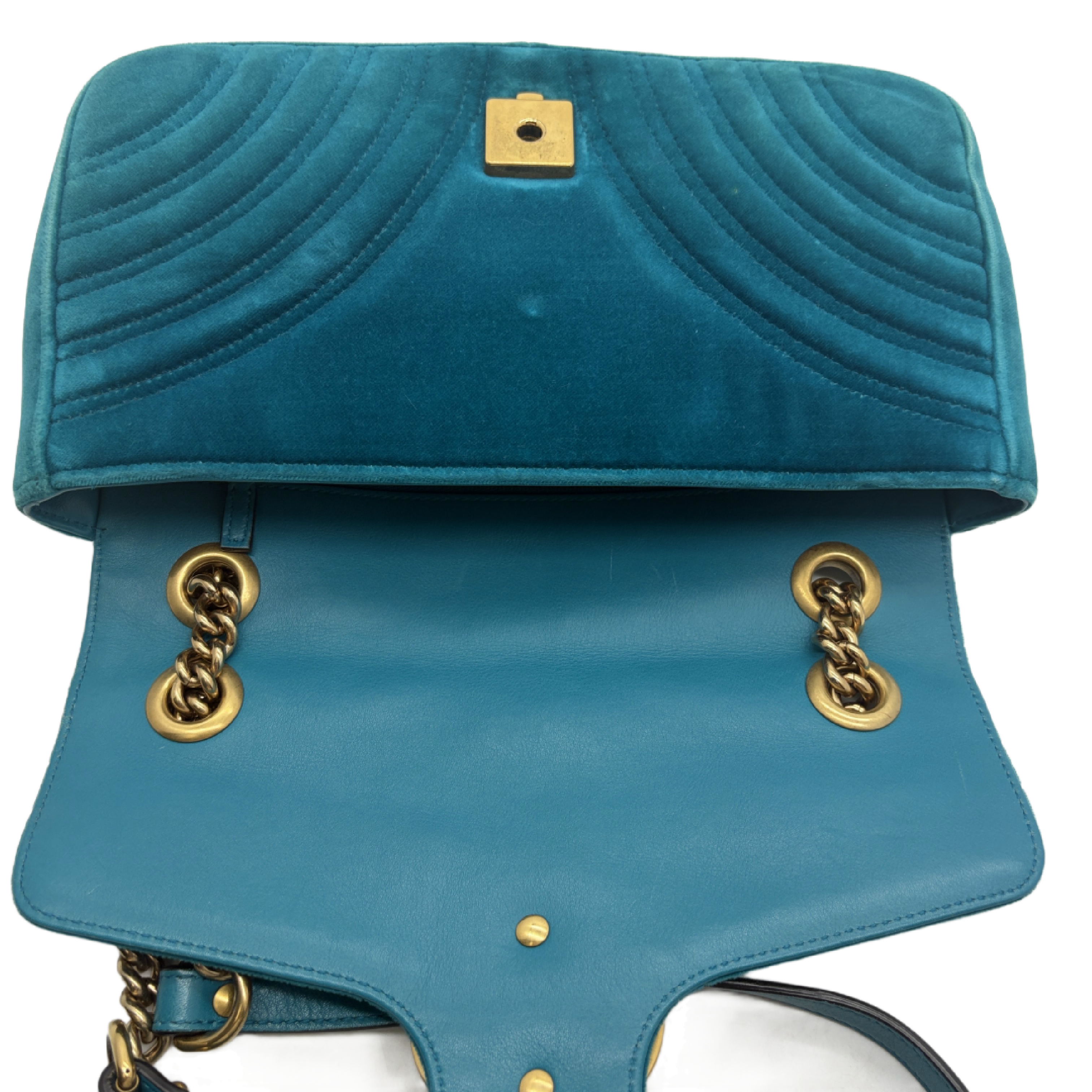 GG Marmont Matelassé Velvet Quilted Chain Shoulder Bag, Blue-Green with Gold Hardware. — view 11