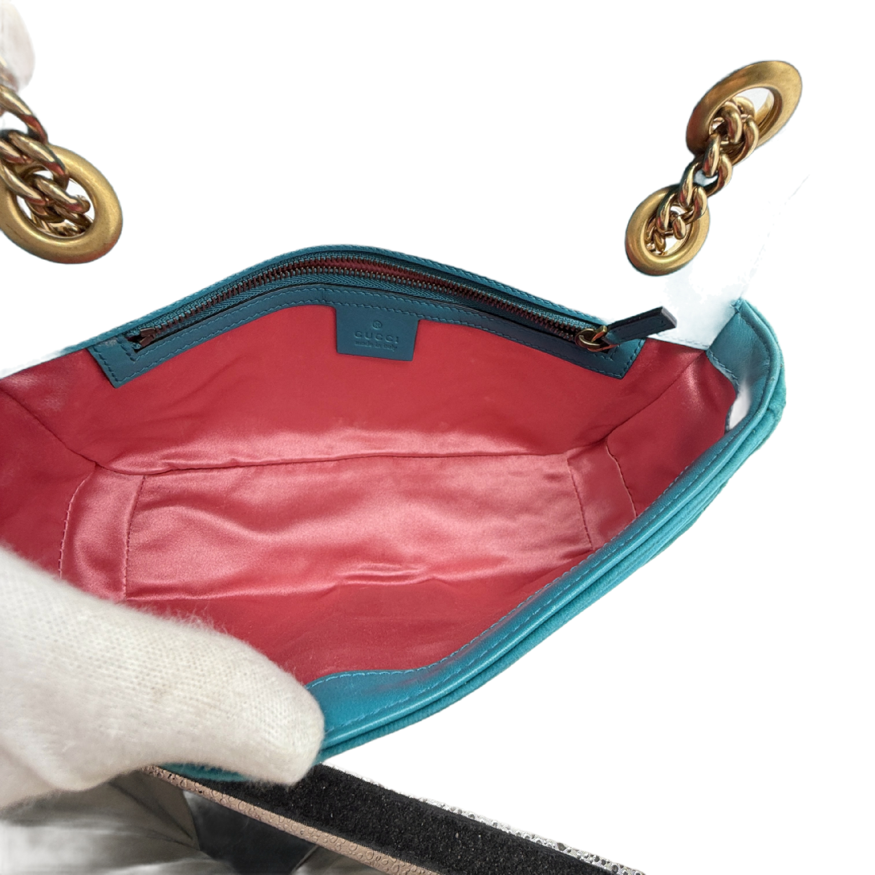 GG Marmont Matelassé Velvet Quilted Chain Shoulder Bag, Blue-Green with Gold Hardware. — view 12