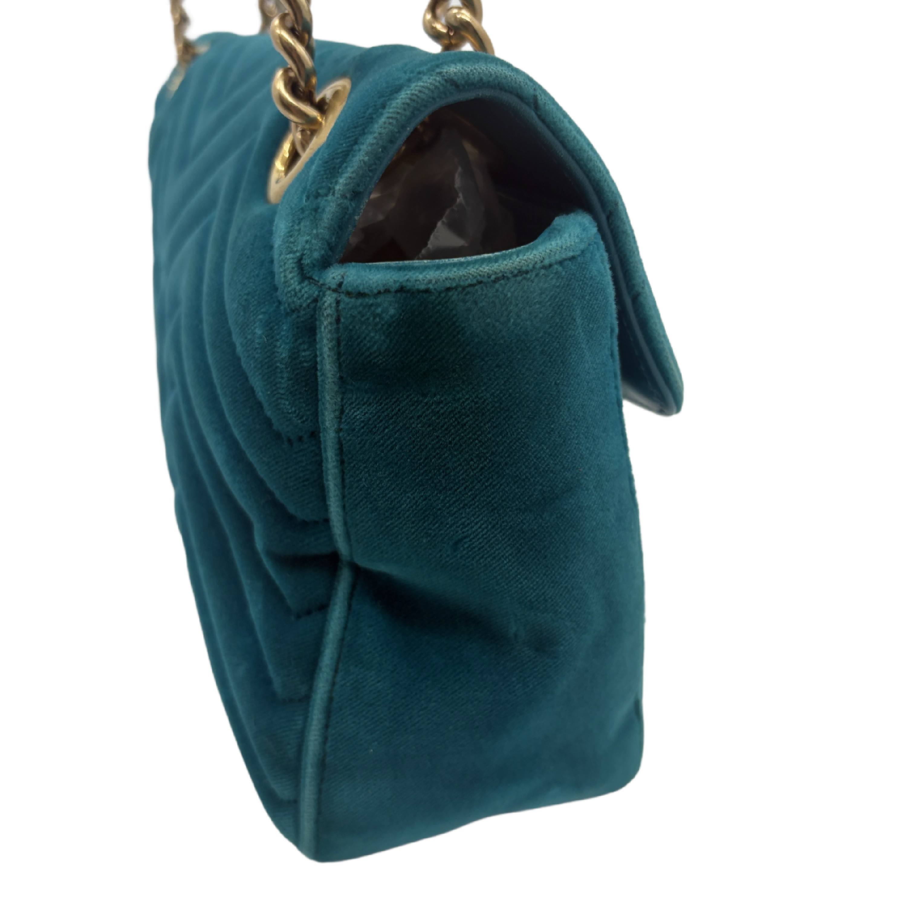 GG Marmont Matelassé Velvet Quilted Chain Shoulder Bag, Blue-Green with Gold Hardware. — view 3