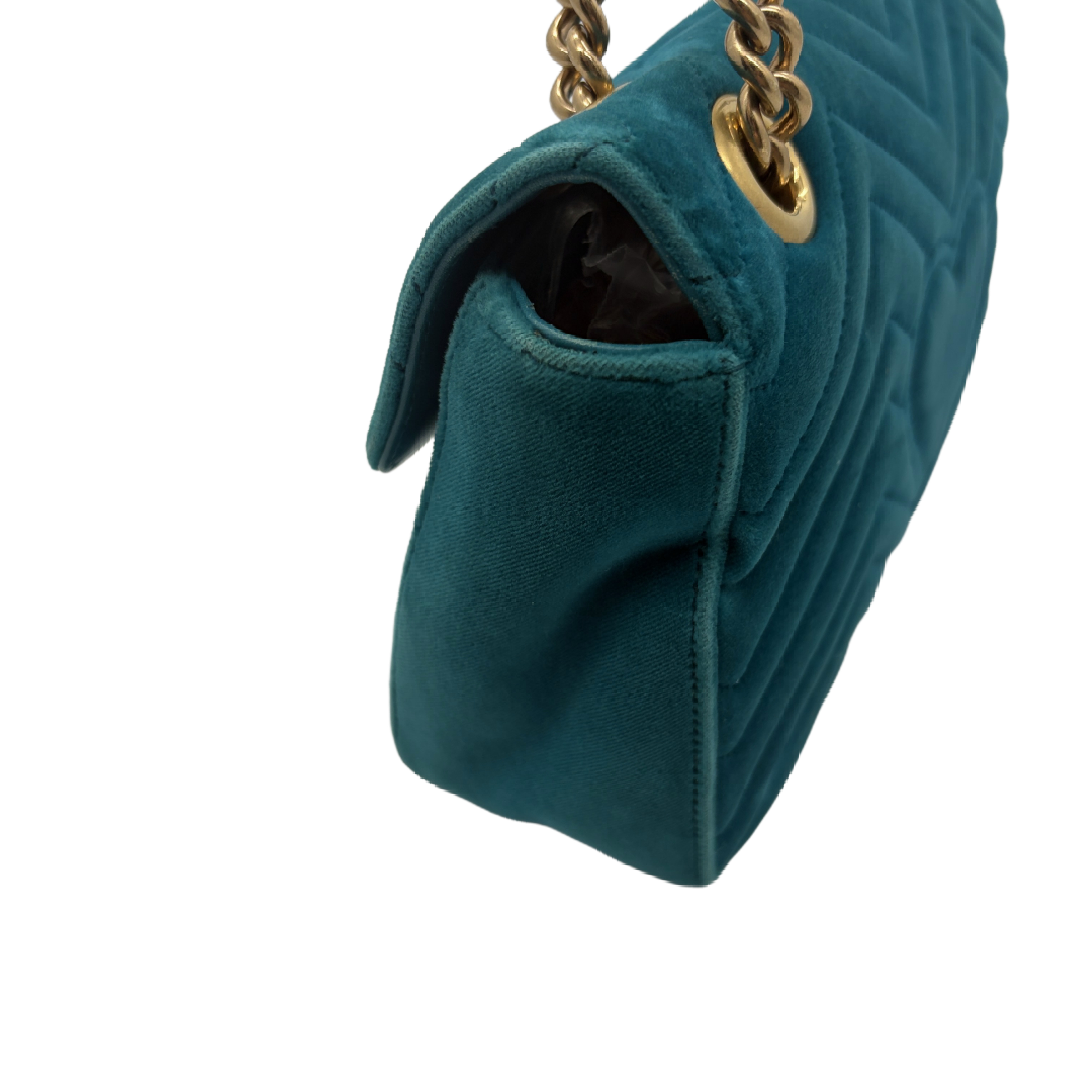GG Marmont Matelassé Velvet Quilted Chain Shoulder Bag, Blue-Green with Gold Hardware. — view 4