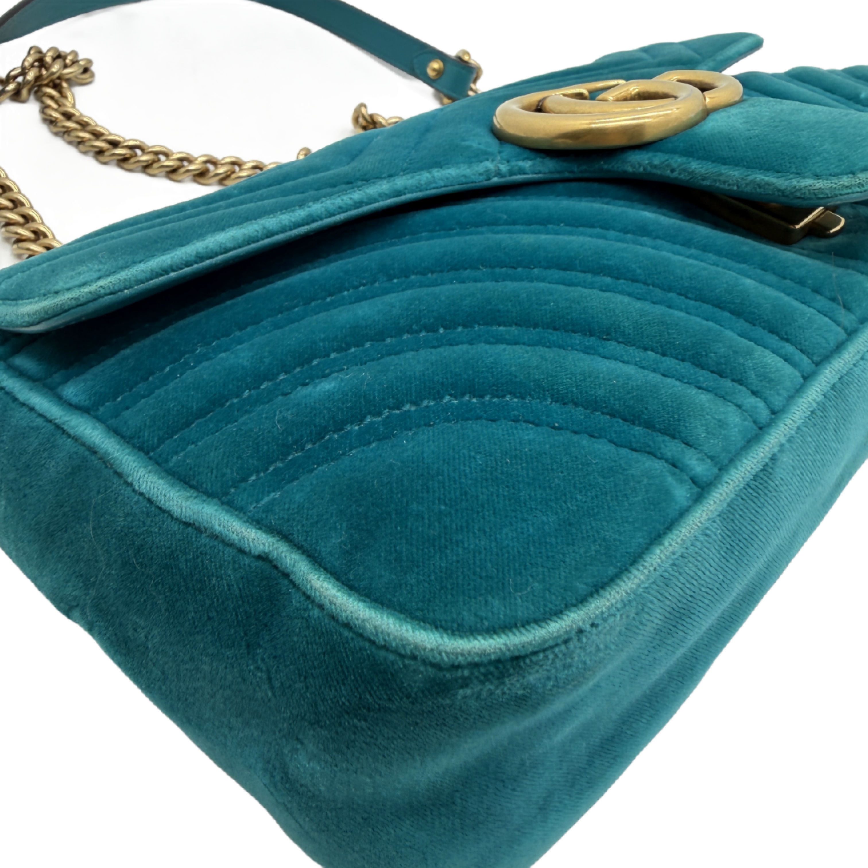 GG Marmont Matelassé Velvet Quilted Chain Shoulder Bag, Blue-Green with Gold Hardware. — view 5