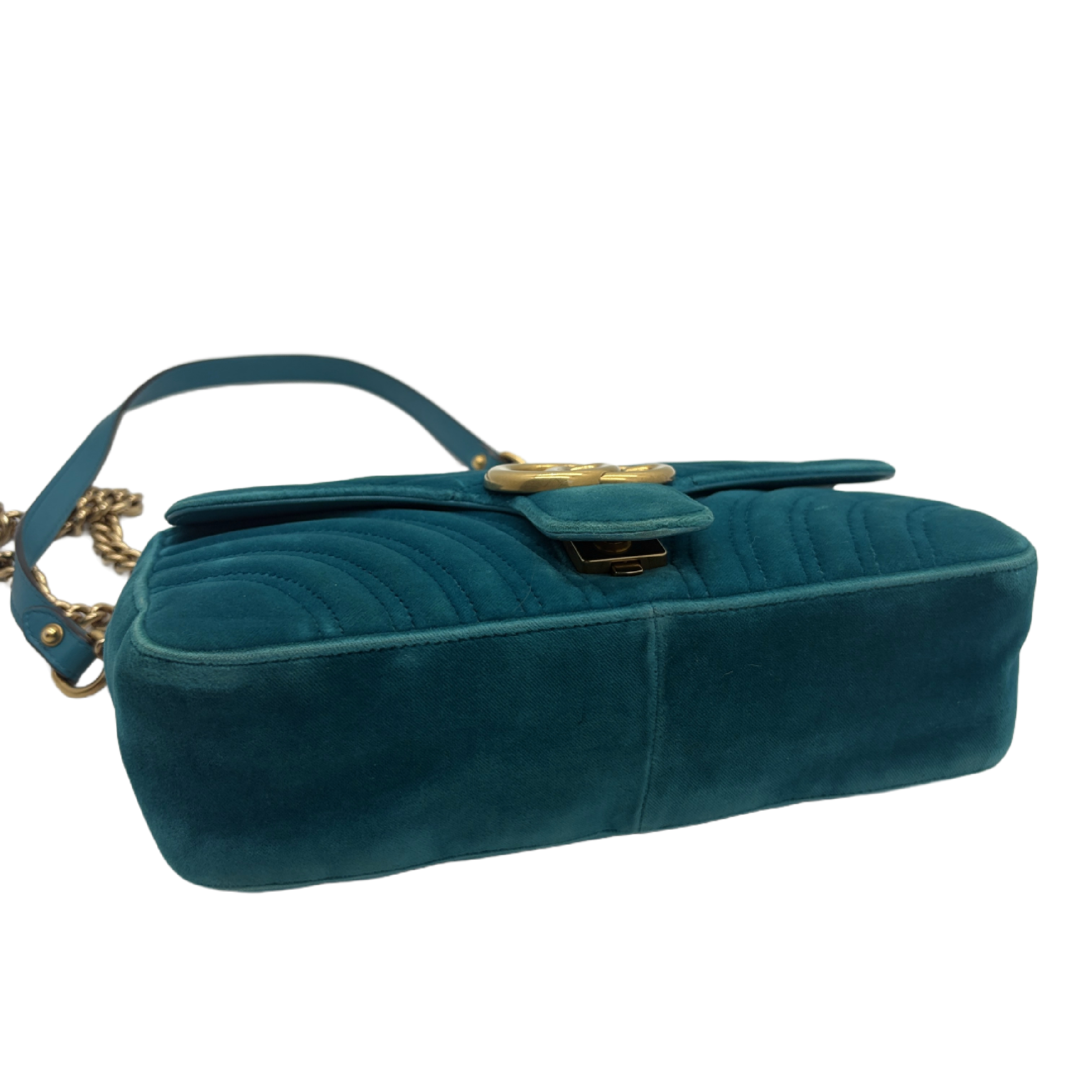 GG Marmont Matelassé Velvet Quilted Chain Shoulder Bag, Blue-Green with Gold Hardware. — view 6