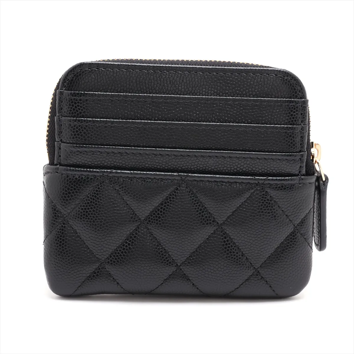 Matelassé Caviar Skin Coin Case, Black with Gold Hardware, U1P49384 — view 2