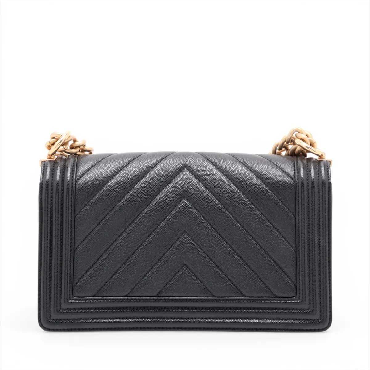 Boy Chanel 25 Caviar Skin Chain Shoulder Bag, Chevron Black with Gold Hardware and Random Plate, A67086 — view 2