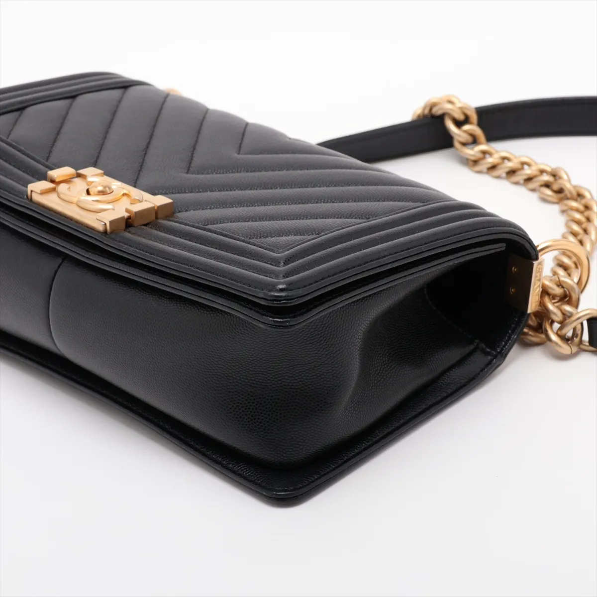 Boy Chanel 25 Caviar Skin Chain Shoulder Bag, Chevron Black with Gold Hardware and Random Plate, A67086 — view 3