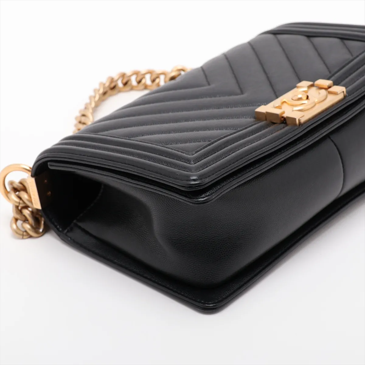 Boy Chanel 25 Caviar Skin Chain Shoulder Bag, Chevron Black with Gold Hardware and Random Plate, A67086 — view 4