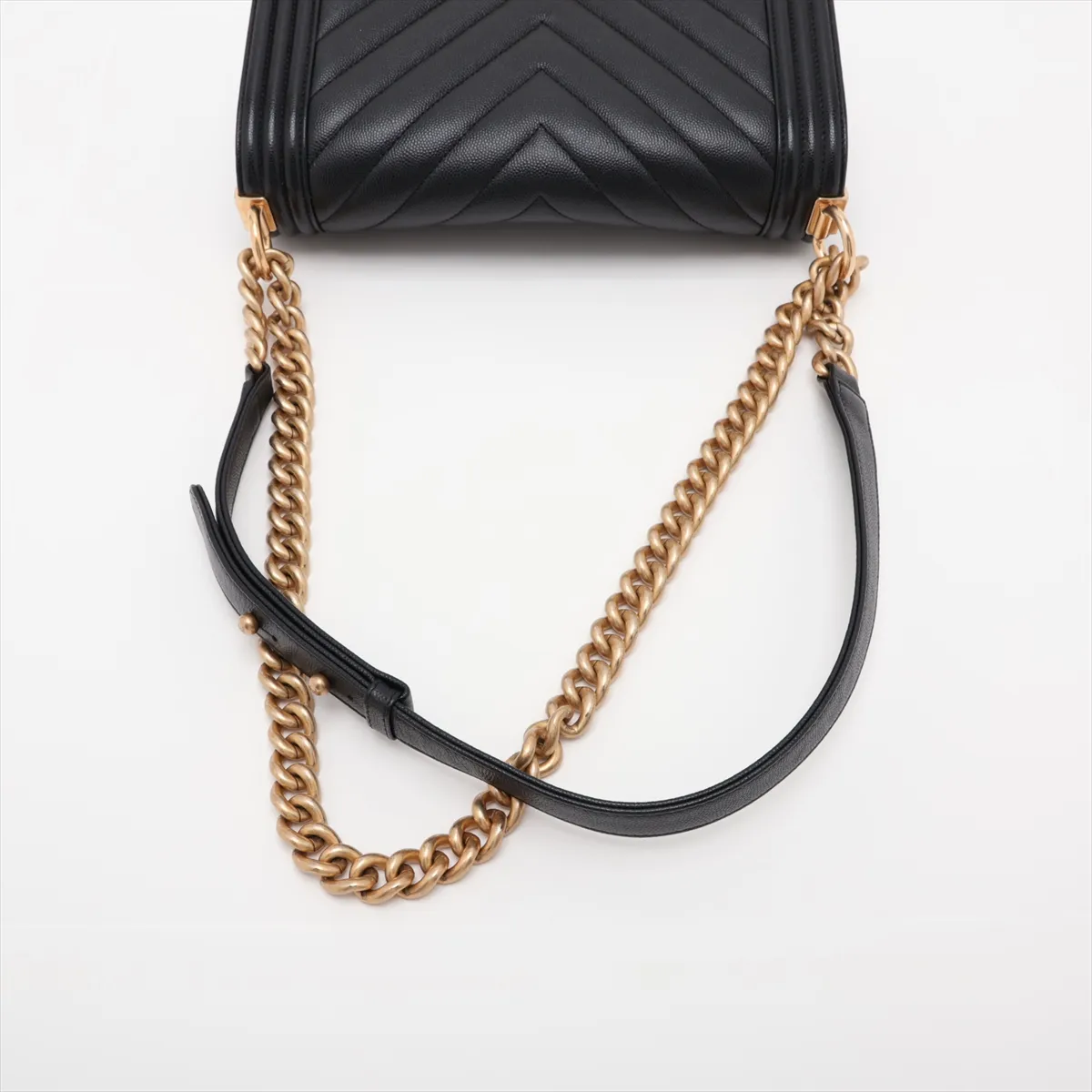 Boy Chanel 25 Caviar Skin Chain Shoulder Bag, Chevron Black with Gold Hardware and Random Plate, A67086 — view 5