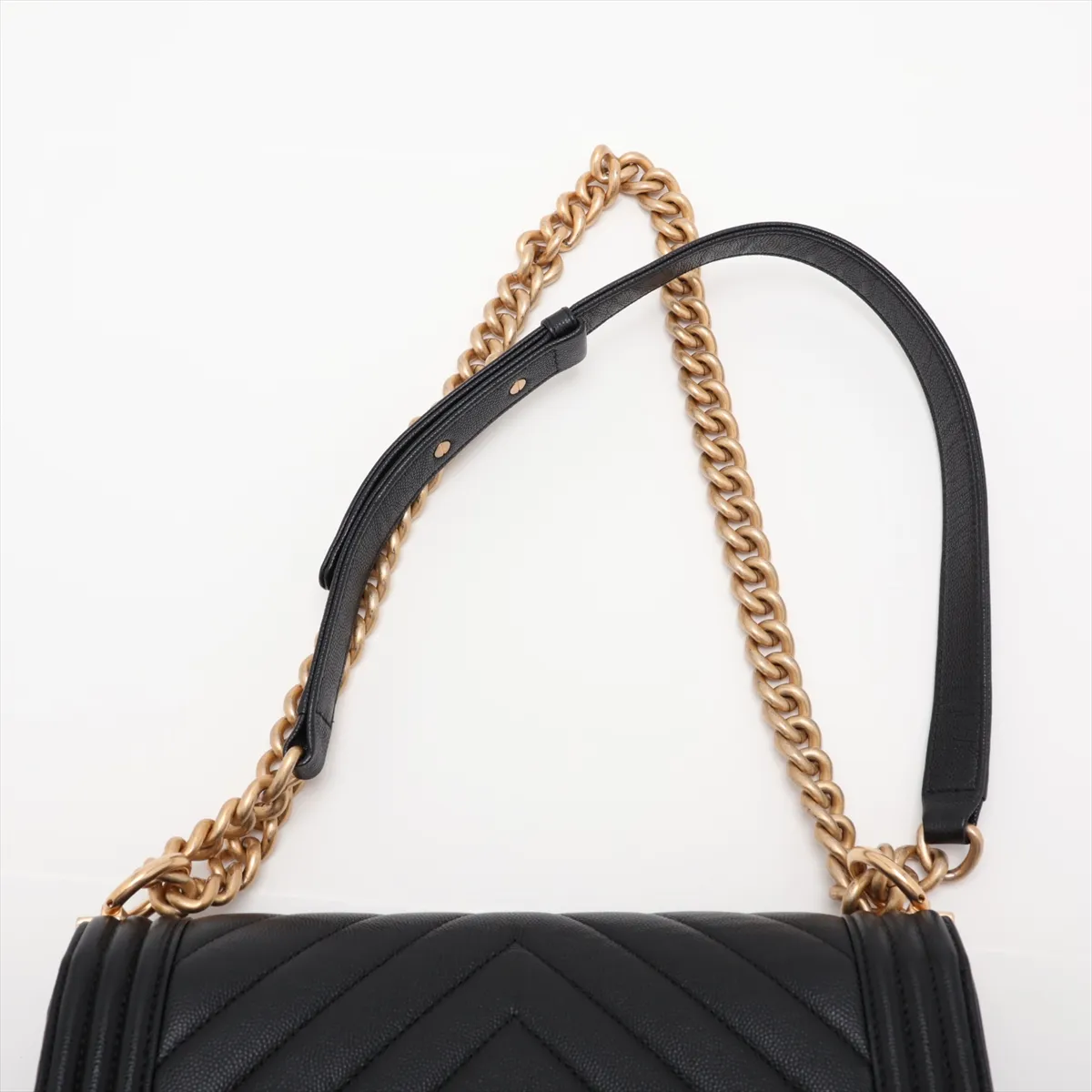 Boy Chanel 25 Caviar Skin Chain Shoulder Bag, Chevron Black with Gold Hardware and Random Plate, A67086 — view 6