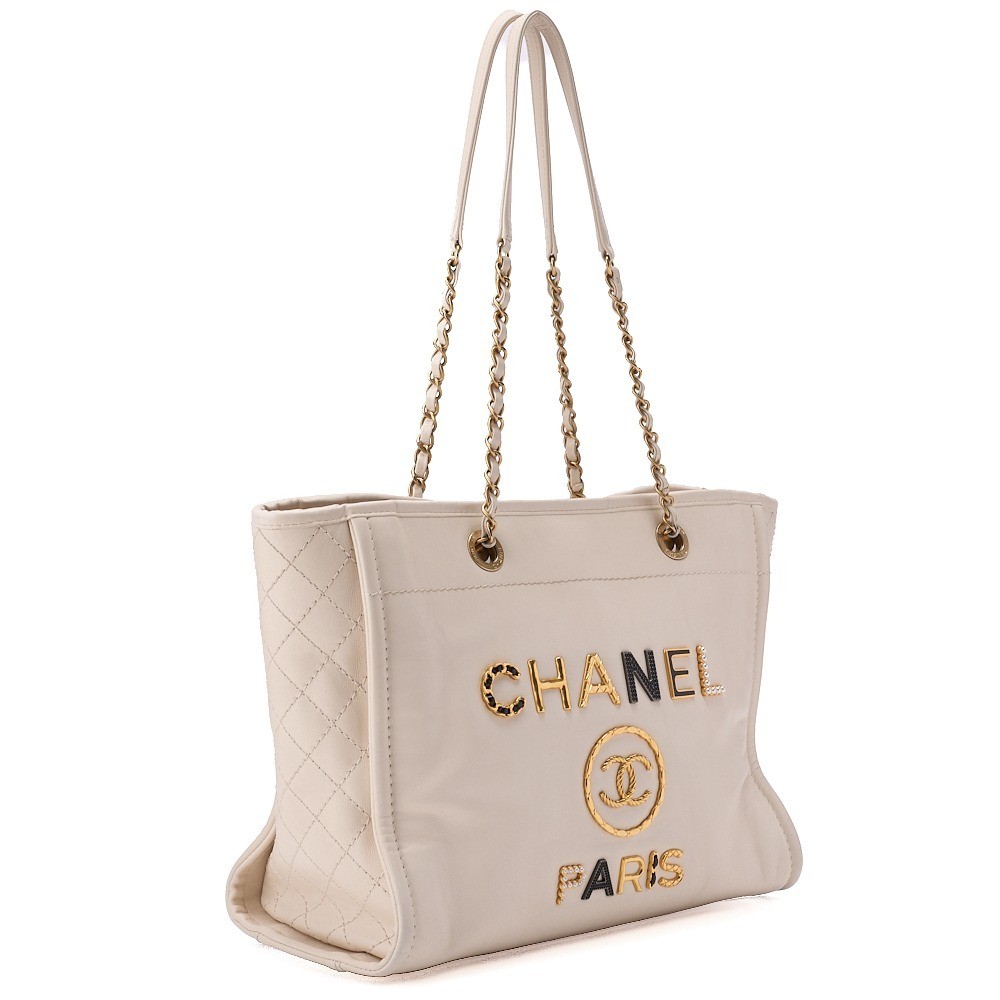 Deauville MM Lambskin Chain Tote, White, Gold Hardware, Serial Number 30s — view 3