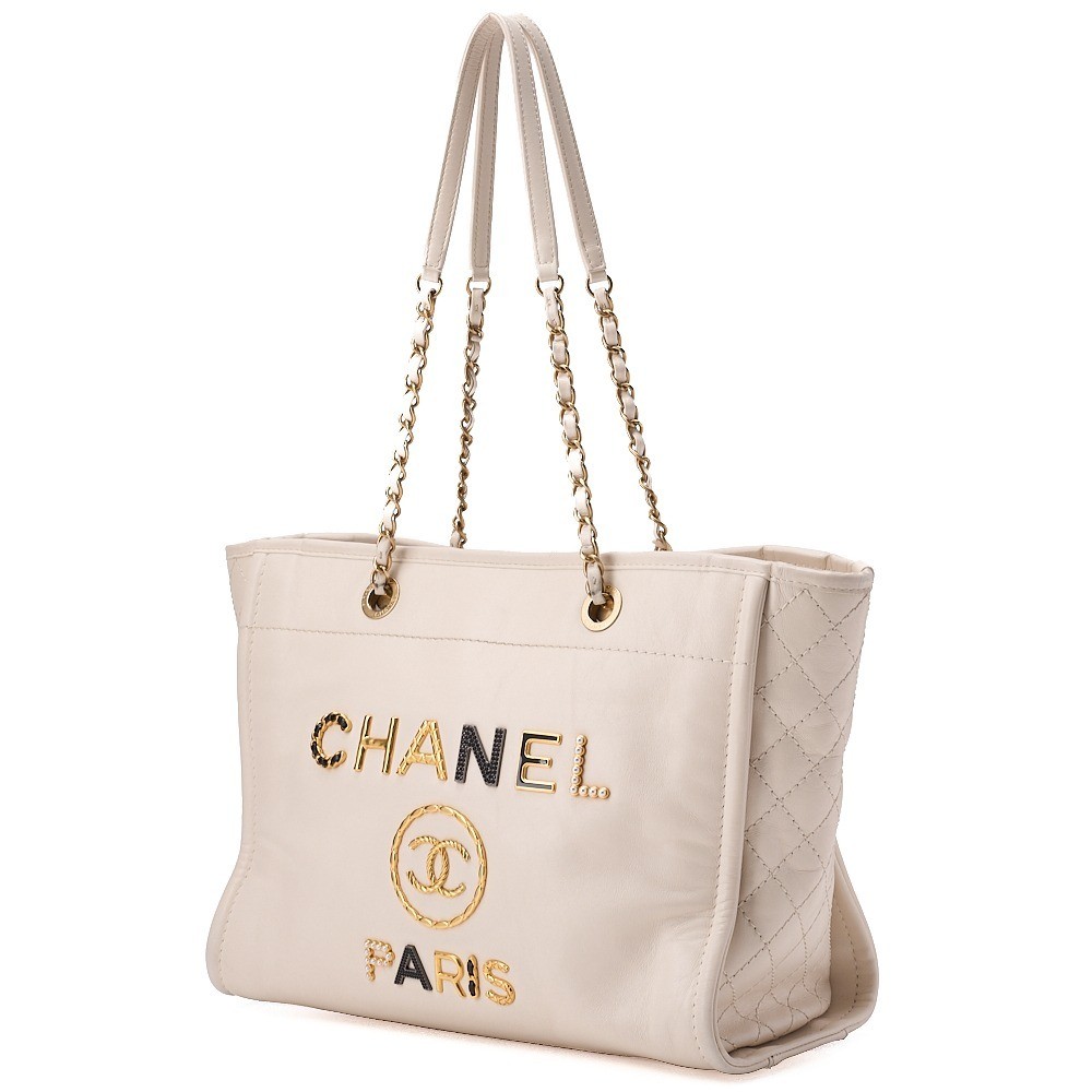 Deauville MM Lambskin Chain Tote, White, Gold Hardware, Serial Number 30s — view 4