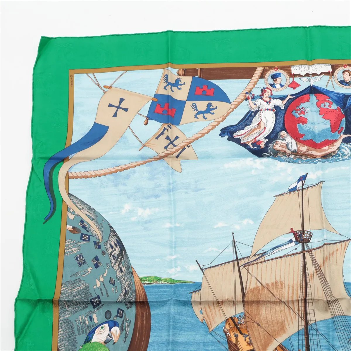 Carre 90 Christophe Colomb decouvre 1 Amerique 12 Octobre 1492 Columbus Discovery of the Americas Scarf Silk Green x Blue Thread Fuzz Thread Twisting — view 2