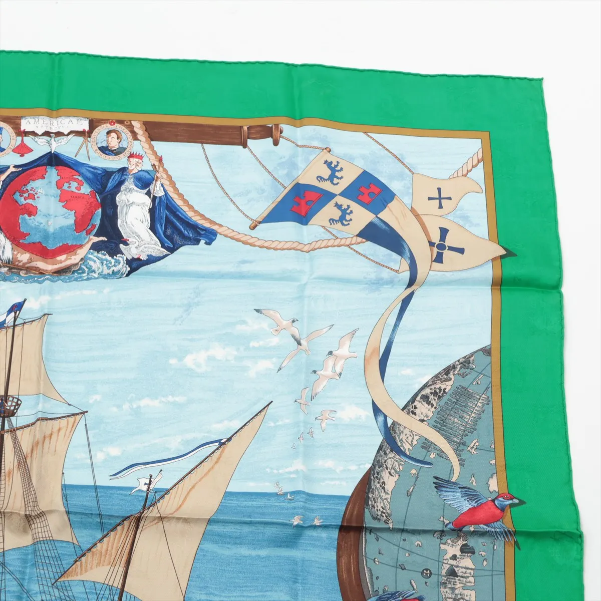 Carre 90 Christophe Colomb decouvre 1 Amerique 12 Octobre 1492 Columbus Discovery of the Americas Scarf Silk Green x Blue Thread Fuzz Thread Twisting — view 3