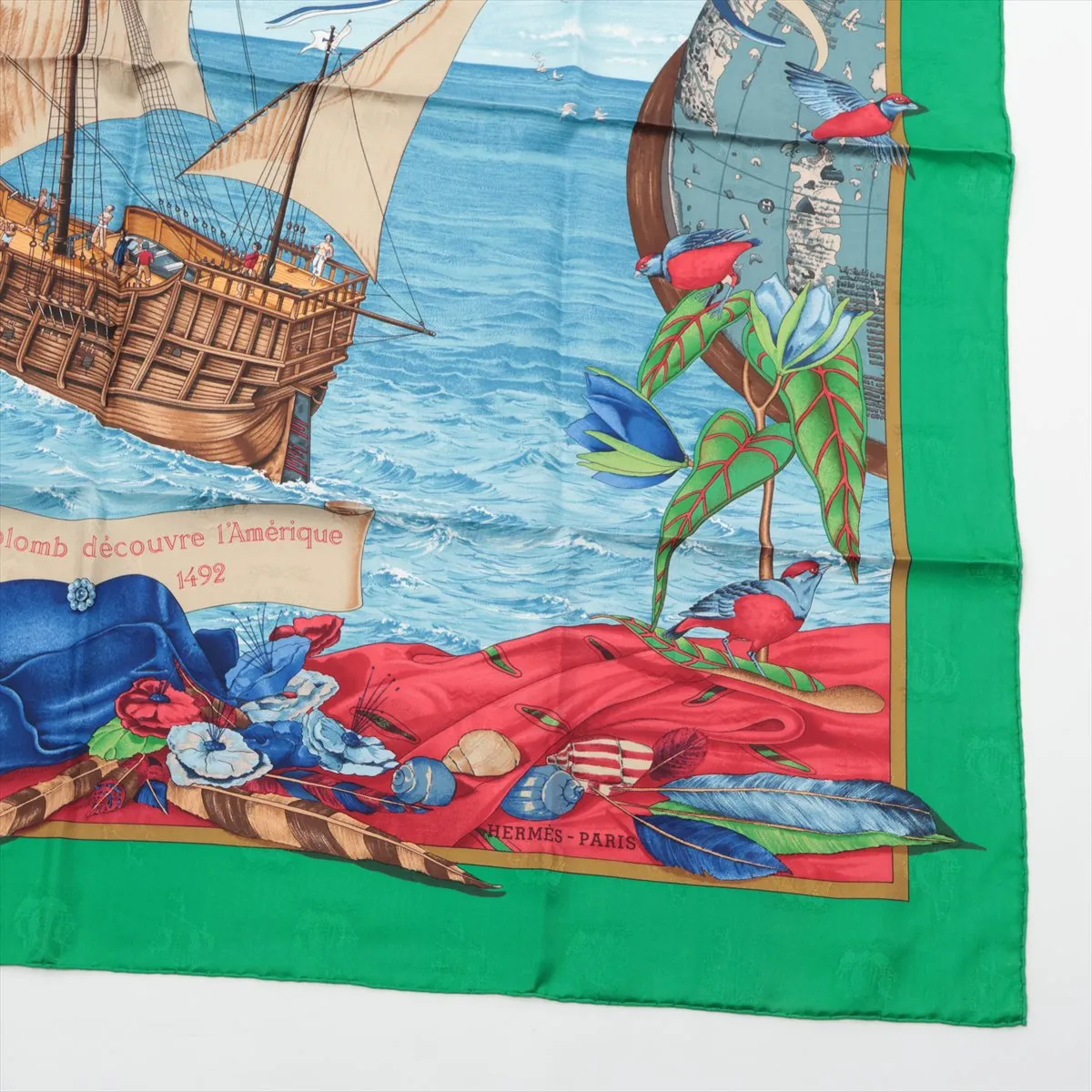 Carre 90 Christophe Colomb decouvre 1 Amerique 12 Octobre 1492 Columbus Discovery of the Americas Scarf Silk Green x Blue Thread Fuzz Thread Twisting — view 4