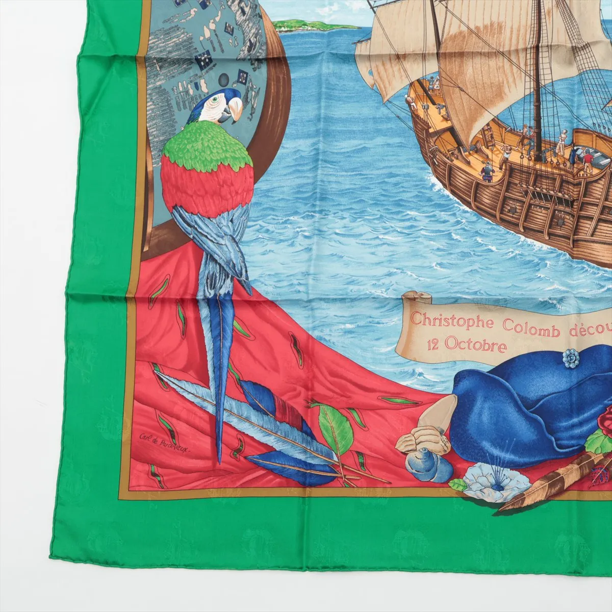 Carre 90 Christophe Colomb decouvre 1 Amerique 12 Octobre 1492 Columbus Discovery of the Americas Scarf Silk Green x Blue Thread Fuzz Thread Twisting — view 5