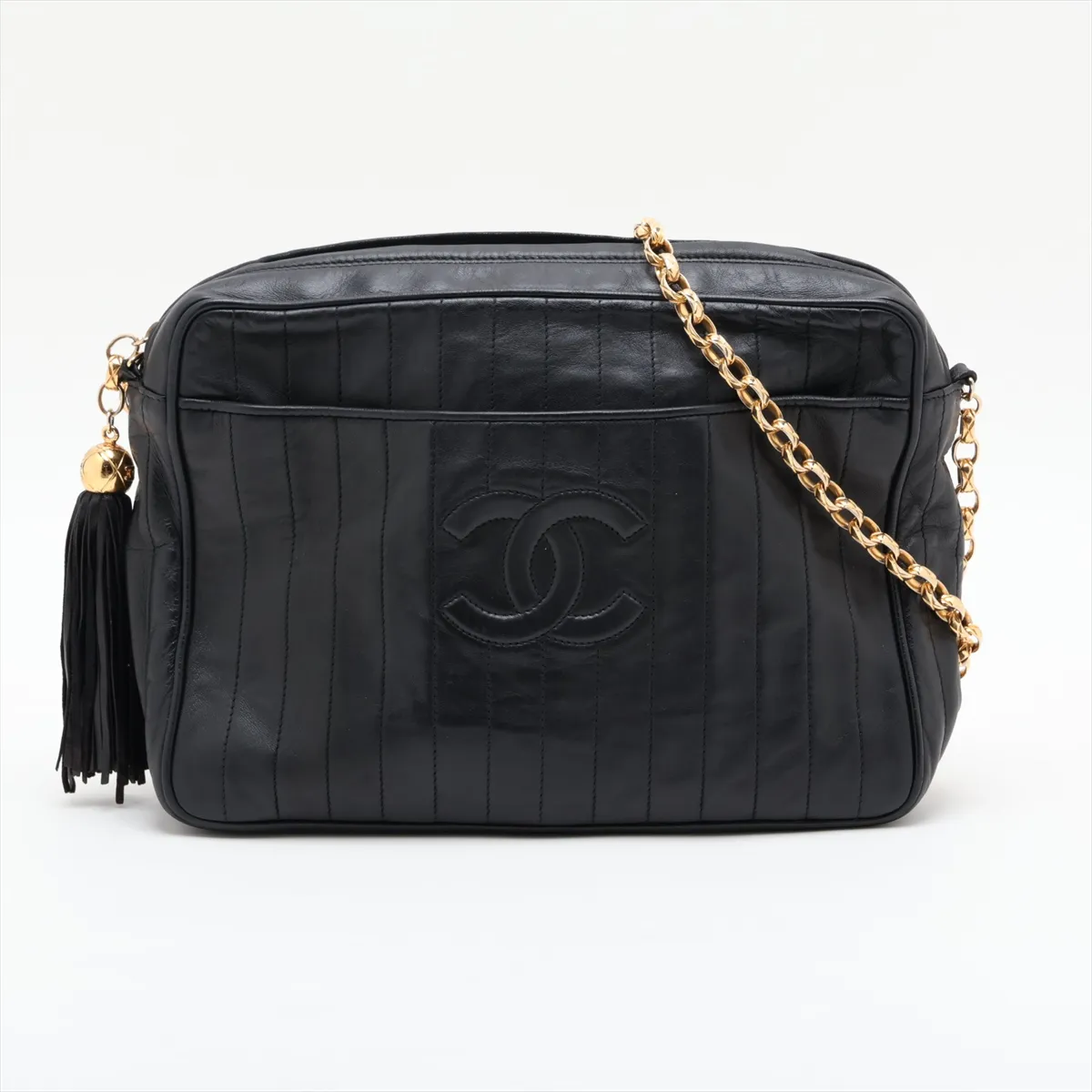 Coco Mark Lambskin Chain Shoulder Bag with Fringe, Black, Gold Hardware