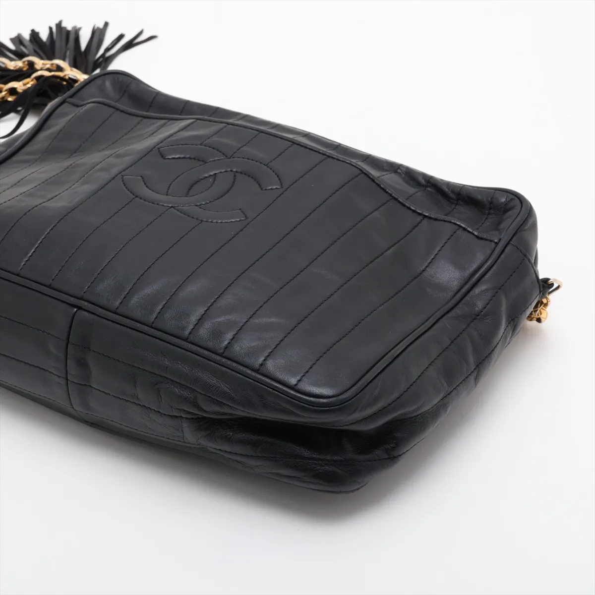 Coco Mark Lambskin Chain Shoulder Bag with Fringe, Black, Gold Hardware — view 3