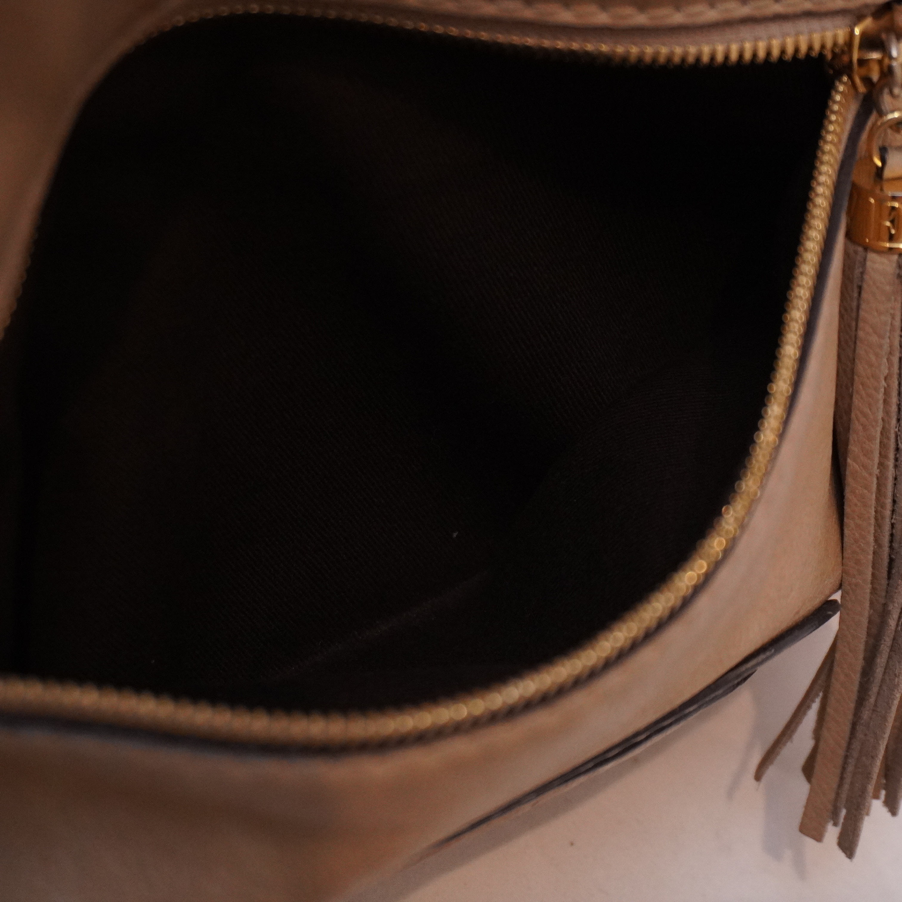 Anagram embossed fringe tassel design tan beige tote bag — view 12
