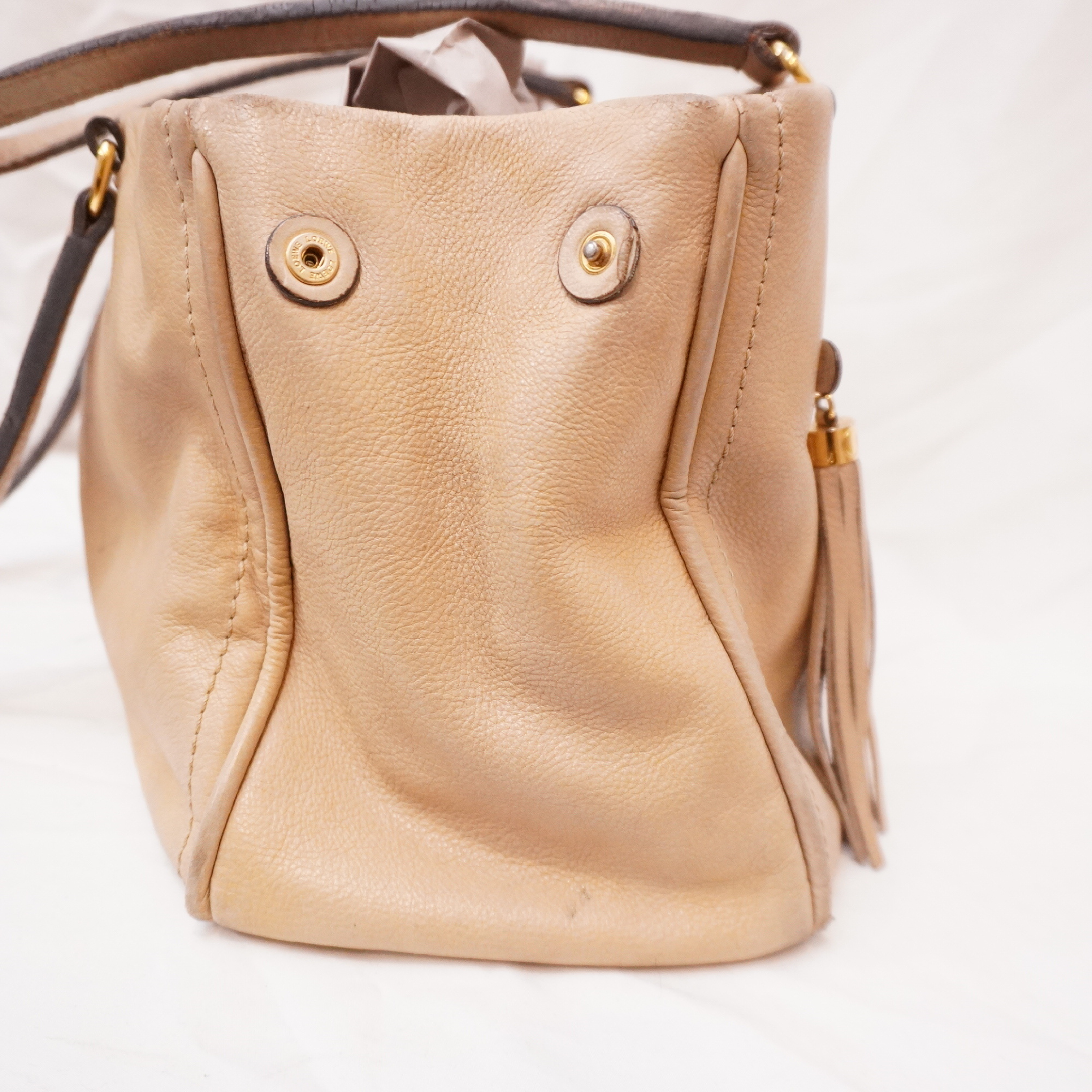 Anagram embossed fringe tassel design tan beige tote bag — view 6