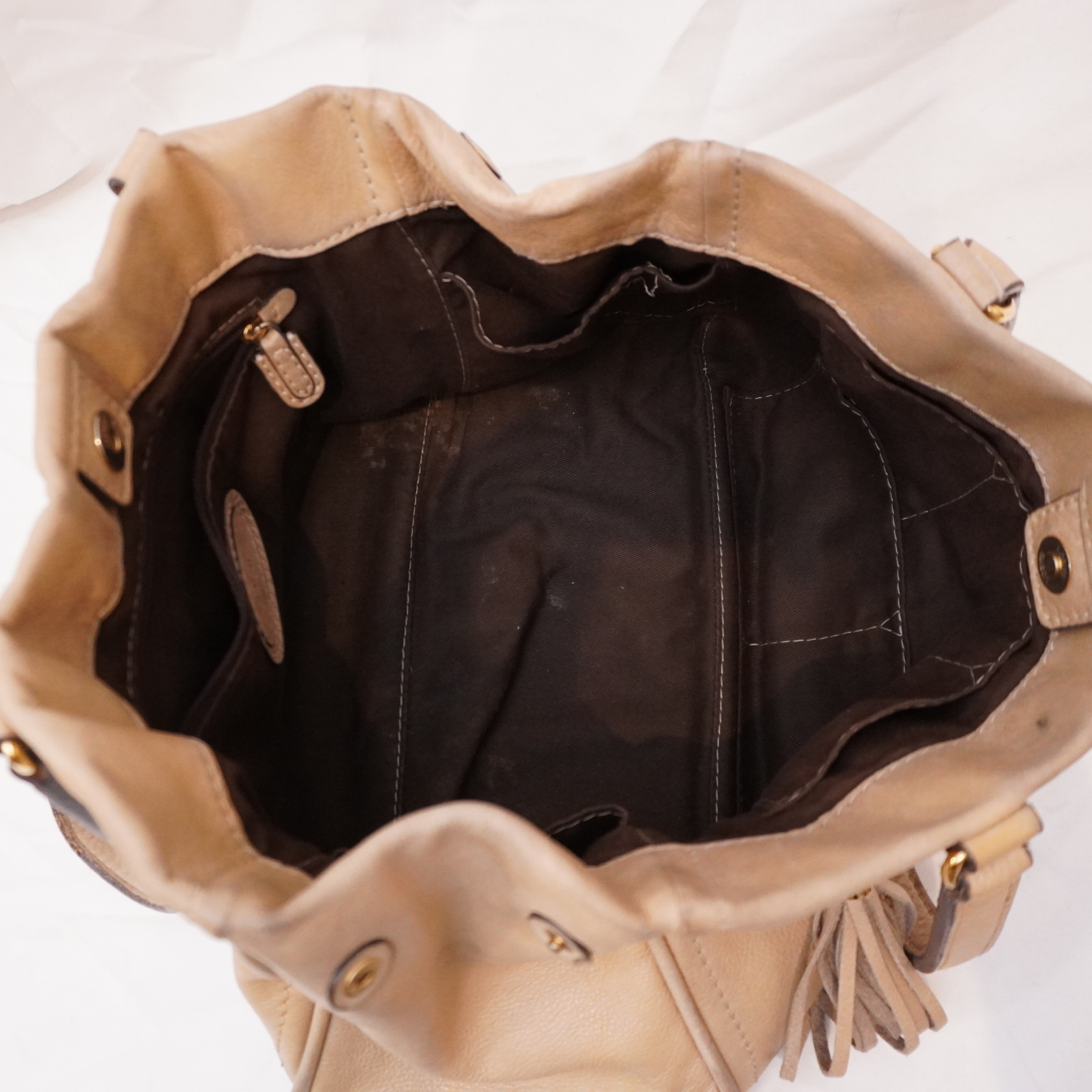 Anagram embossed fringe tassel design tan beige tote bag — view 9
