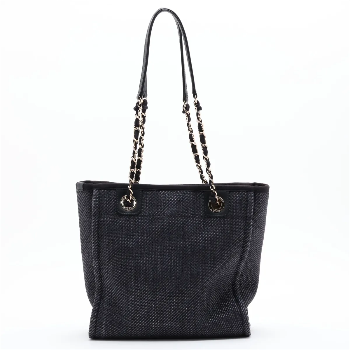 Deauville PM Mixed Fiber x Lambskin Chain Tote Bag, Navy x Black, Gold Hardware, 30163034 (Serial Number in the 30s) — view 2
