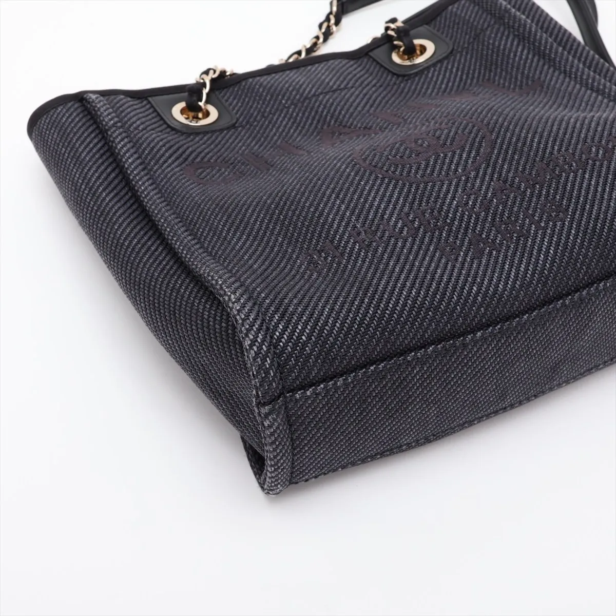 Deauville PM Mixed Fiber x Lambskin Chain Tote Bag, Navy x Black, Gold Hardware, 30163034 (Serial Number in the 30s) — view 4