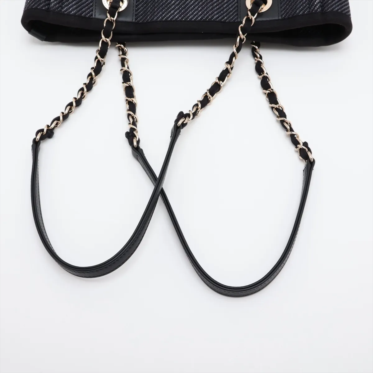 Deauville PM Mixed Fiber x Lambskin Chain Tote Bag, Navy x Black, Gold Hardware, 30163034 (Serial Number in the 30s) — view 5