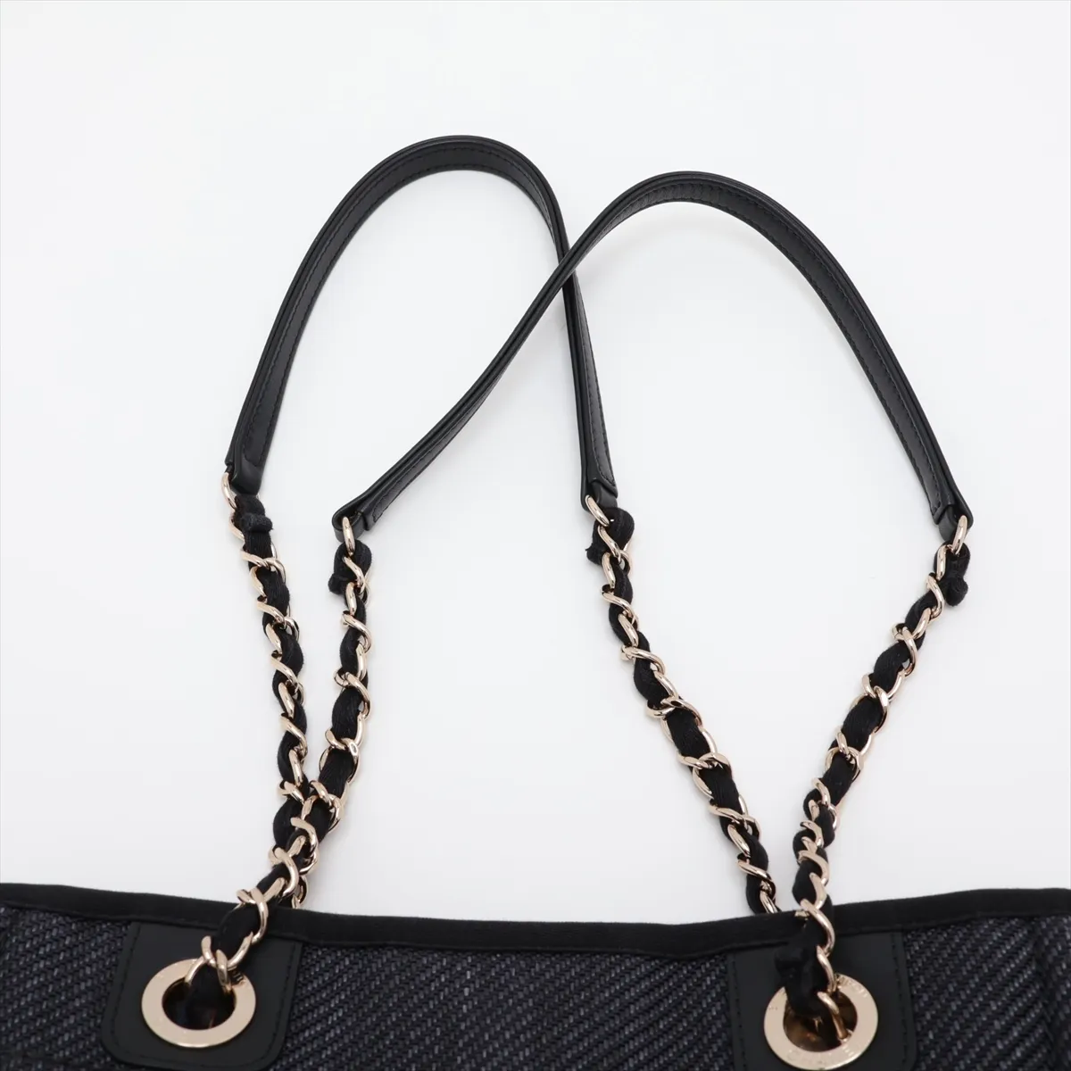 Deauville PM Mixed Fiber x Lambskin Chain Tote Bag, Navy x Black, Gold Hardware, 30163034 (Serial Number in the 30s) — view 6
