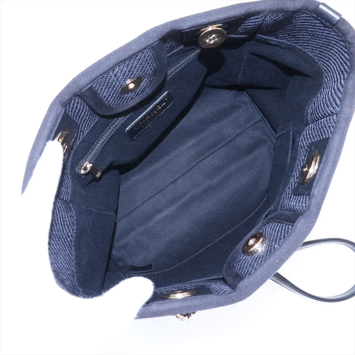 Deauville PM Mixed Fiber x Lambskin Chain Tote Bag, Navy x Black, Gold Hardware, 30163034 (Serial Number in the 30s) — view 7