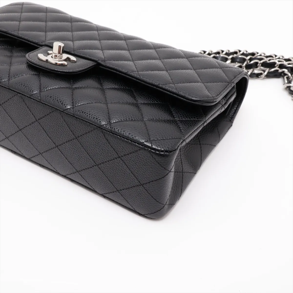 [Individually packaged] Chanel Matelassé 25 Caviar Skin Double Flap Double Chain Bag, Black with Silver Hardware, 14003476, Serial Number 14, A01112 — view 3