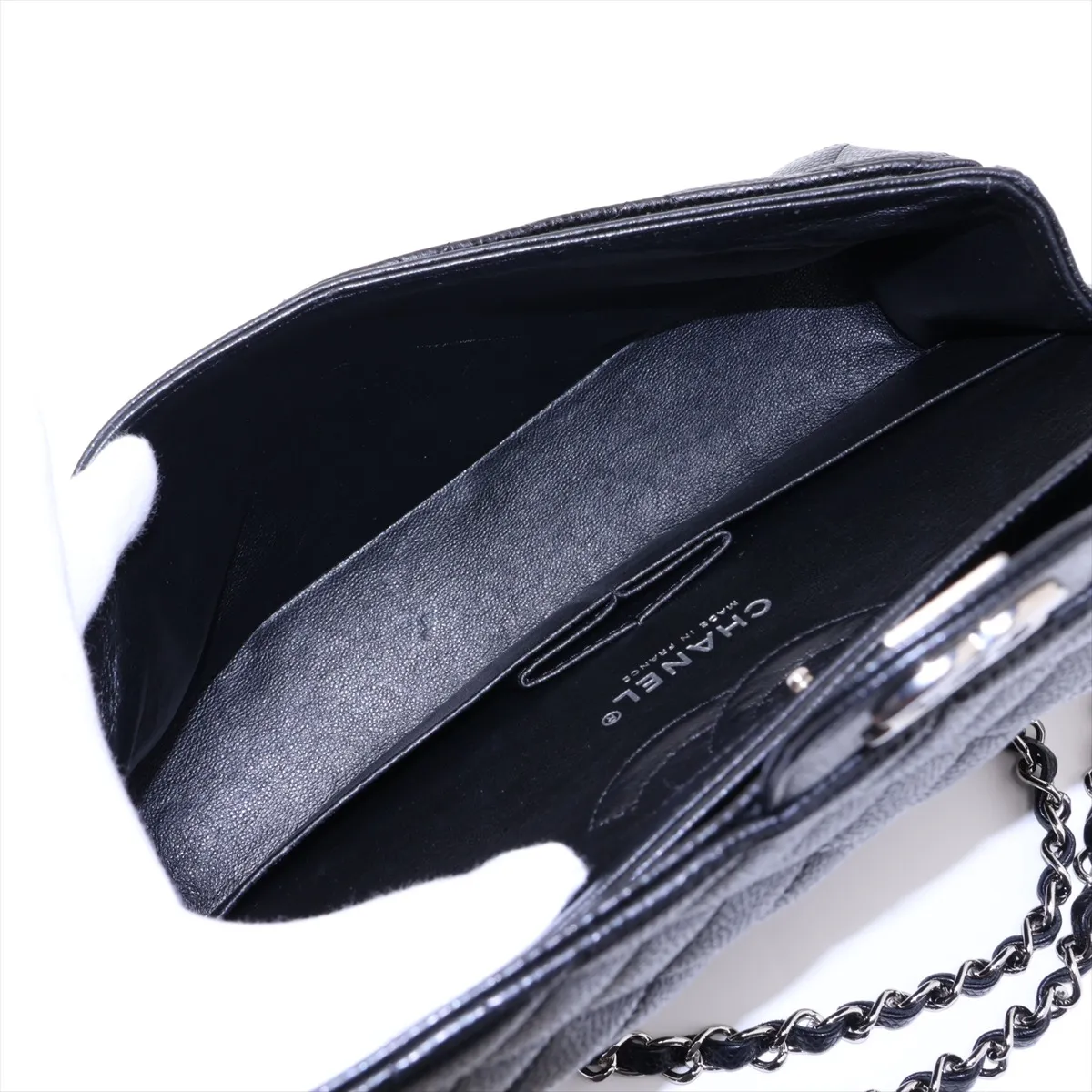 [Individually packaged] Chanel Matelassé 25 Caviar Skin Double Flap Double Chain Bag, Black with Silver Hardware, 14003476, Serial Number 14, A01112 — view 7