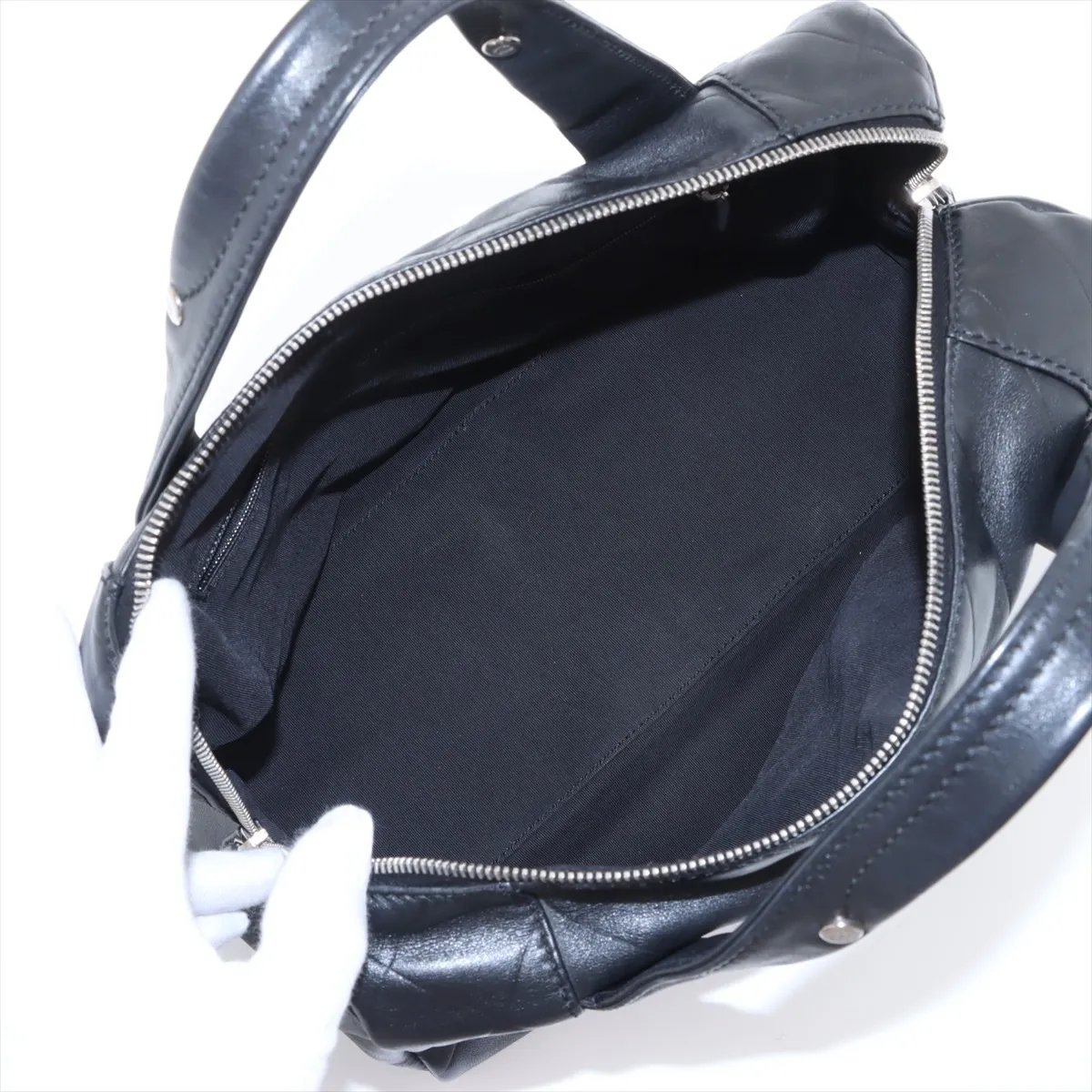 Chevron Leather Handbag, Black with Silver Hardware, 10876786 (Serial Number in the 10s) — view 7