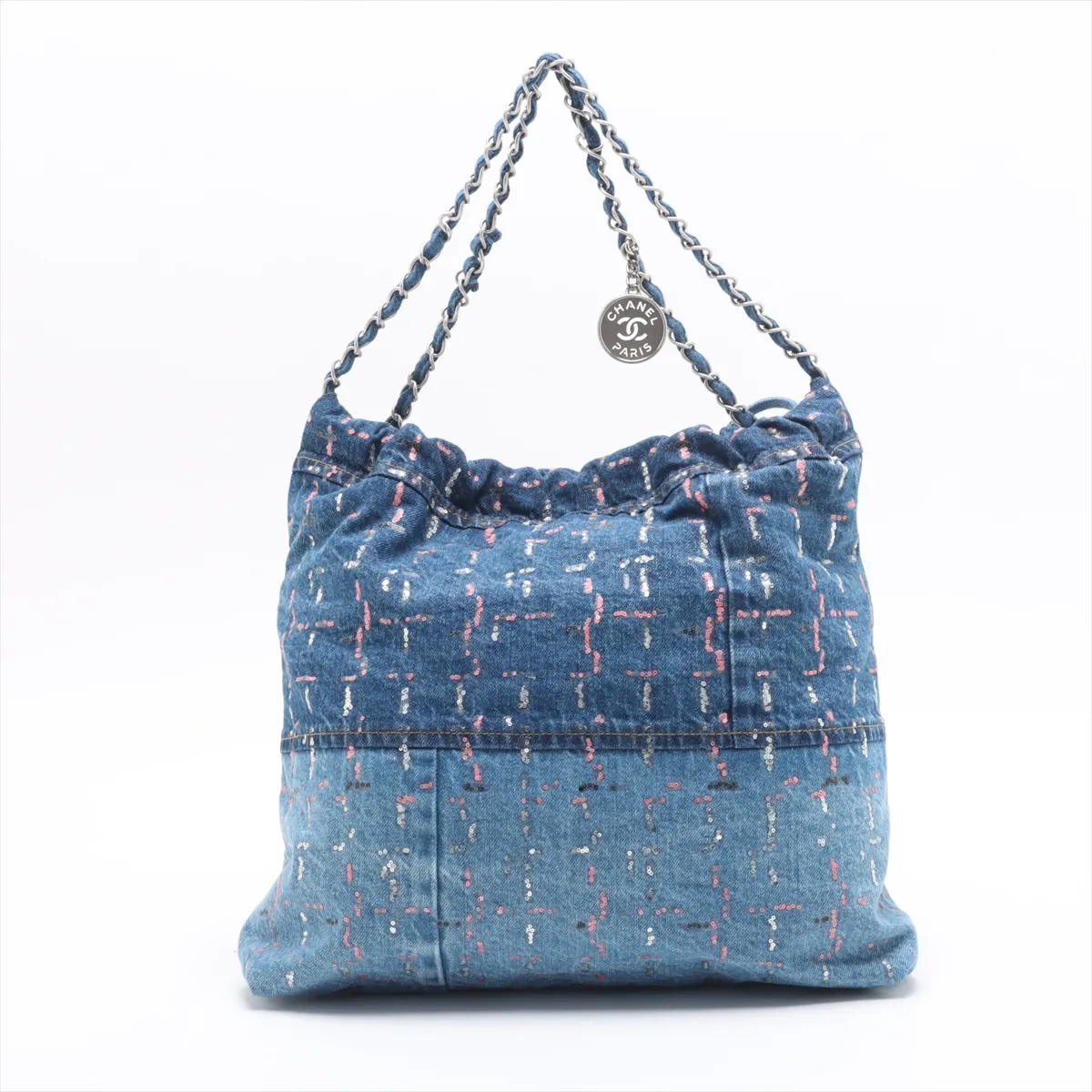 22 Denim x Sequins Chain Shoulder Bag Blue Gunmetal Hardware U3LXN741 Random Plate Decorative AS3261 — view 2