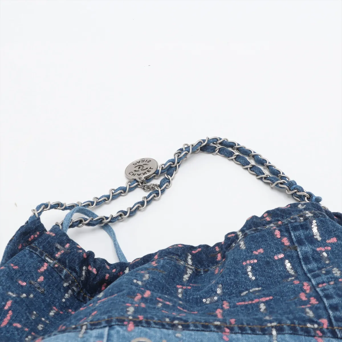 22 Denim x Sequins Chain Shoulder Bag Blue Gunmetal Hardware U3LXN741 Random Plate Decorative AS3261 — view 6