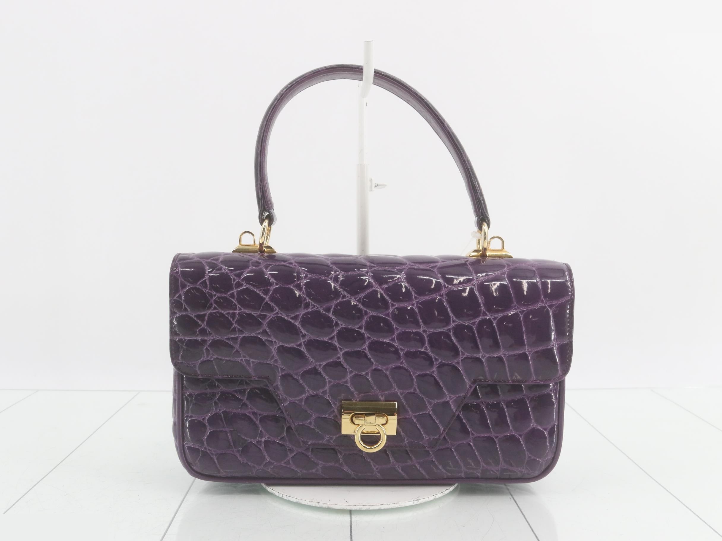 Crocodile-embossed 2-way handbag, purple