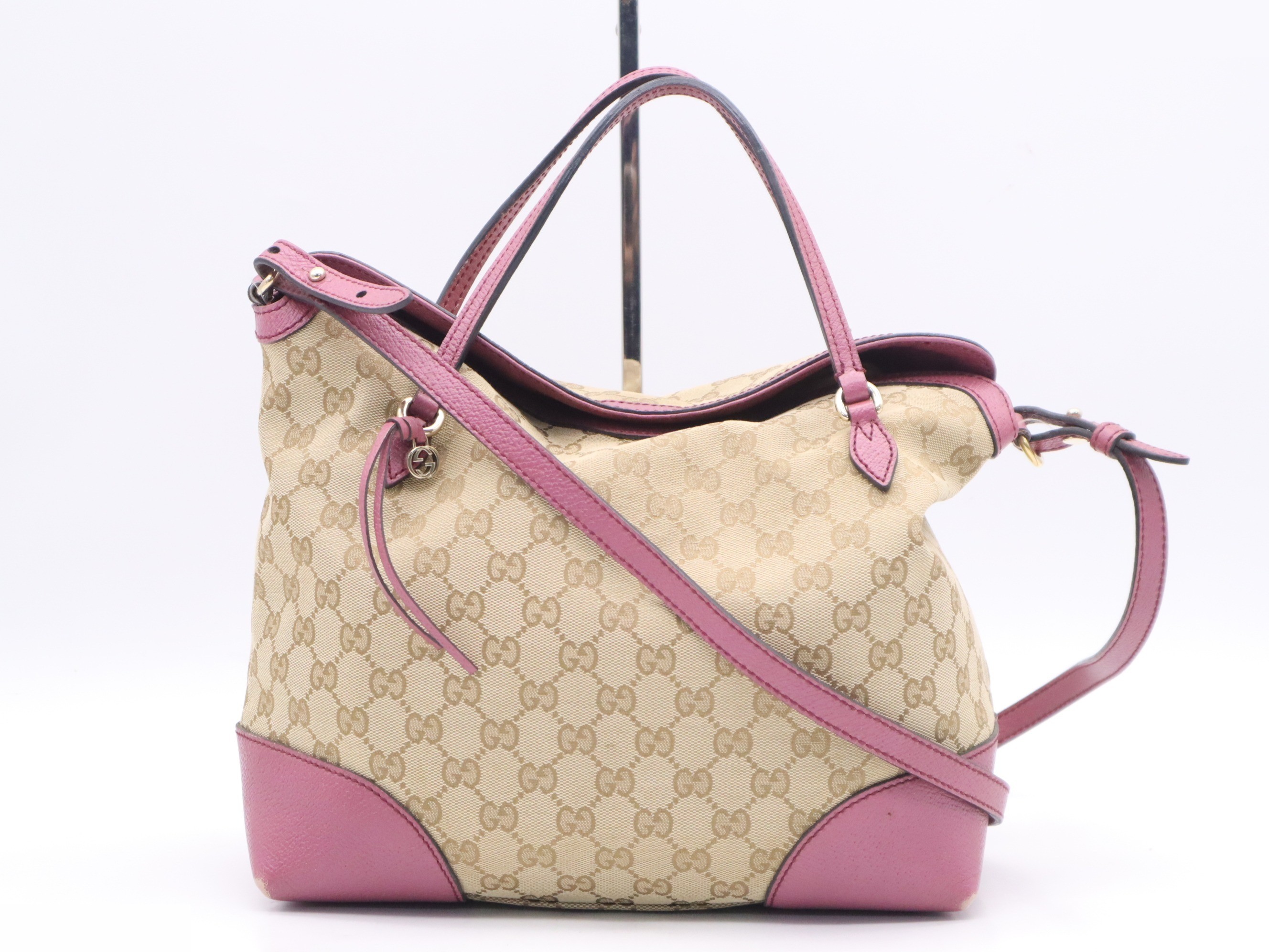 Canvas x Leather 2-Way Handbag, Beige/Pink, Gold Hardware