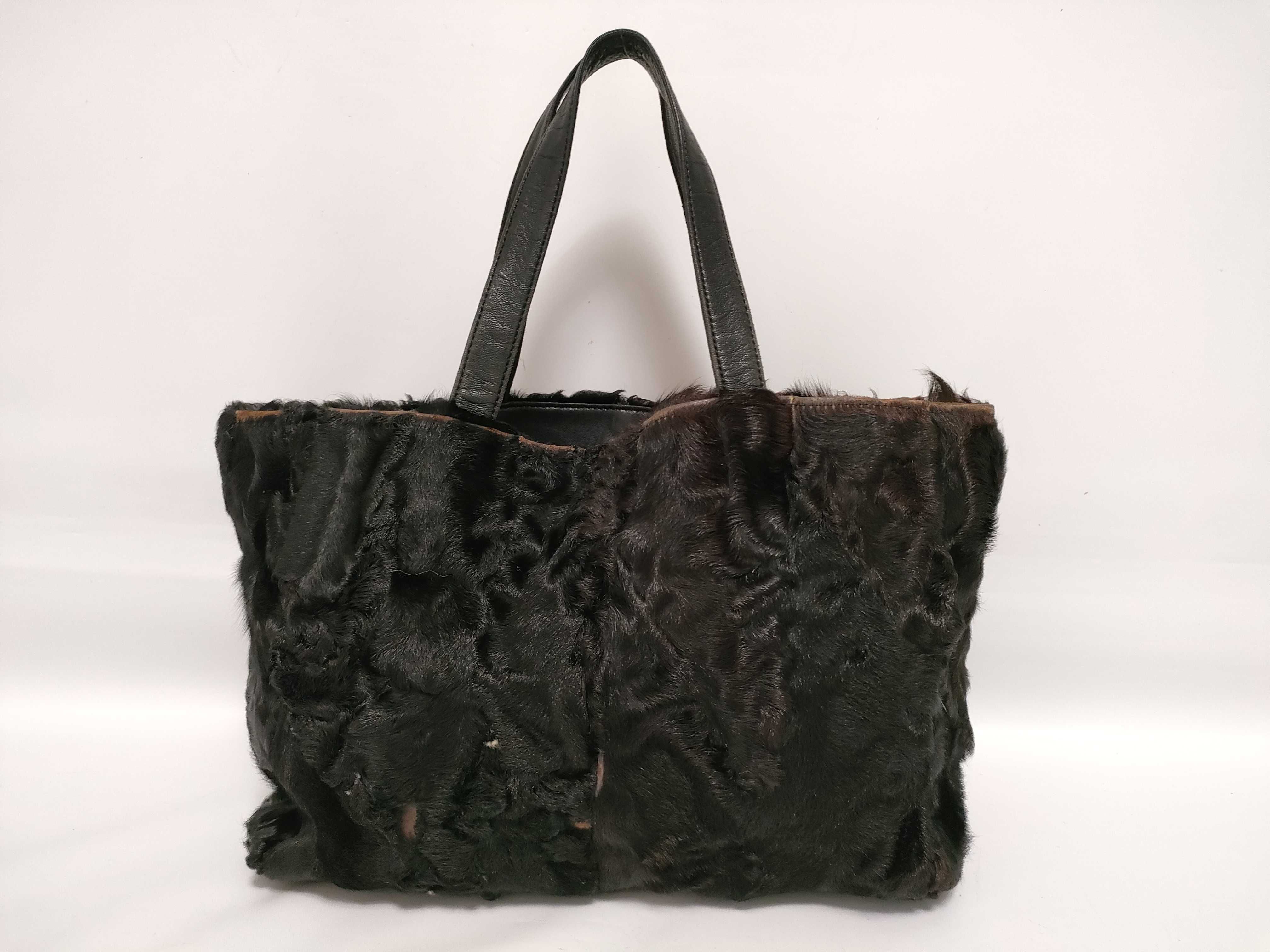 Rabbit Fur Leather Handle Black Handbag