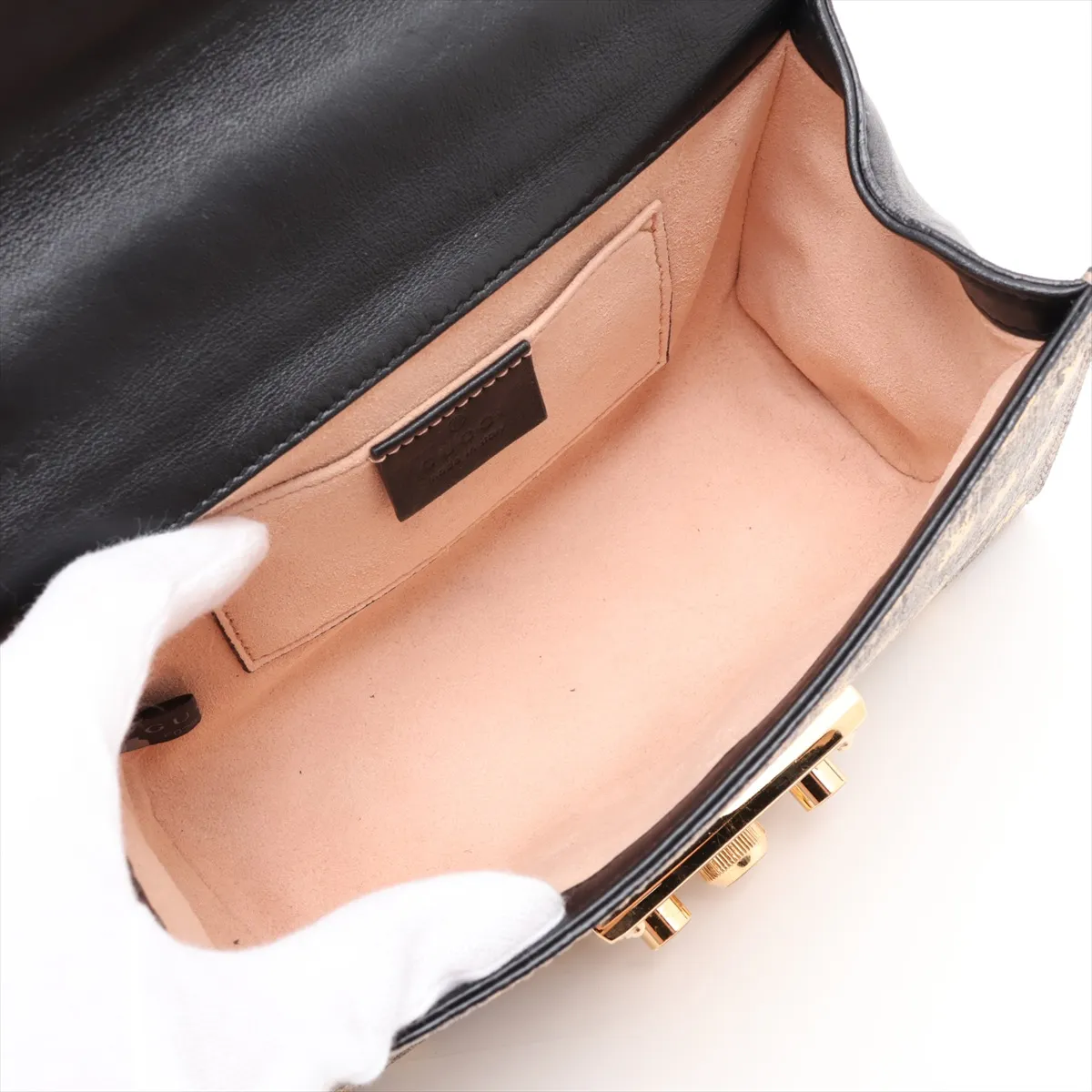 GG Supreme Bee Padlock PVC x Leather Chain Shoulder Bag, Beige x Black, 409487 — view 7