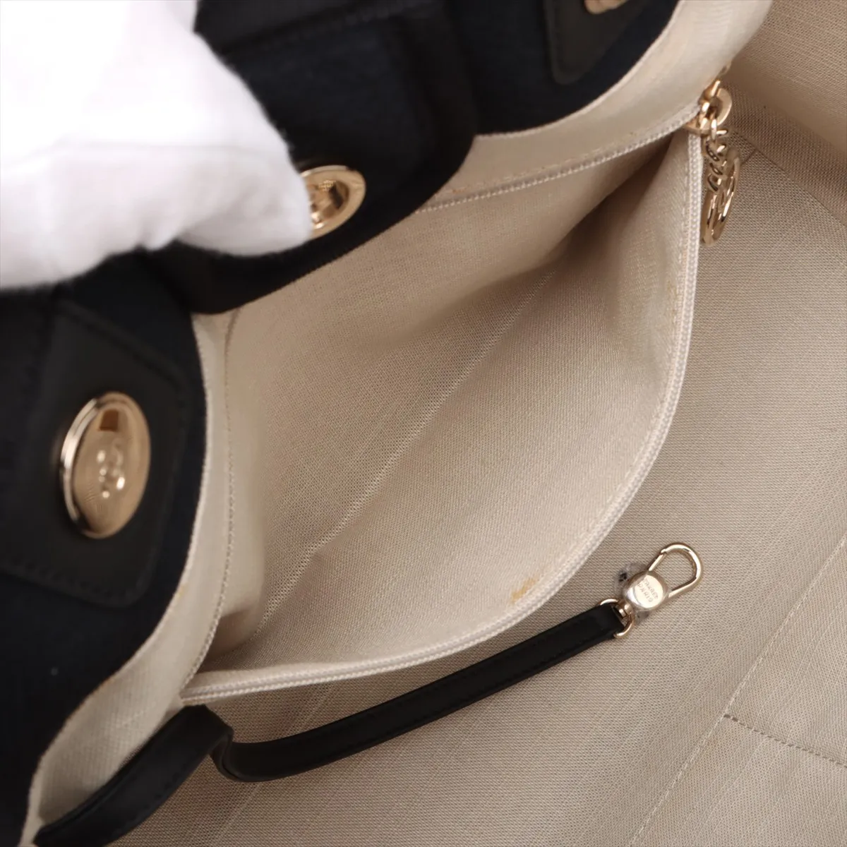 Deauville MM Canvas Chain Tote Bag Navy Gold Hardware X12HLH47 Random Plate — view 10