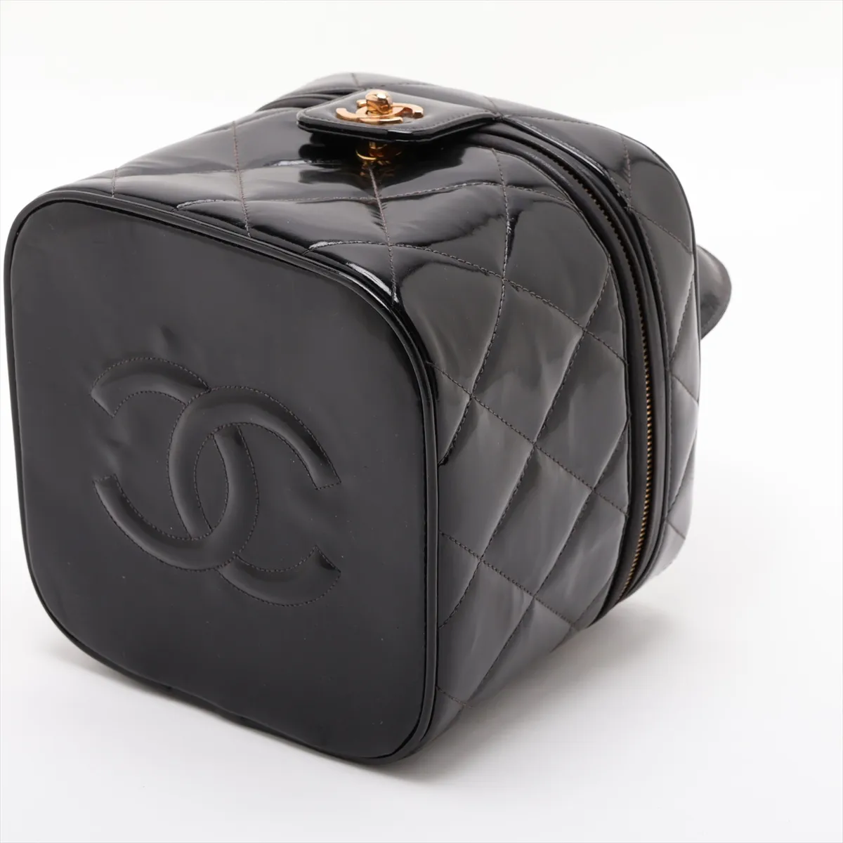 Matelassé Patent Leather Vanity Bag, Black with Gold Hardware, 4875014, Series 4 — view 3