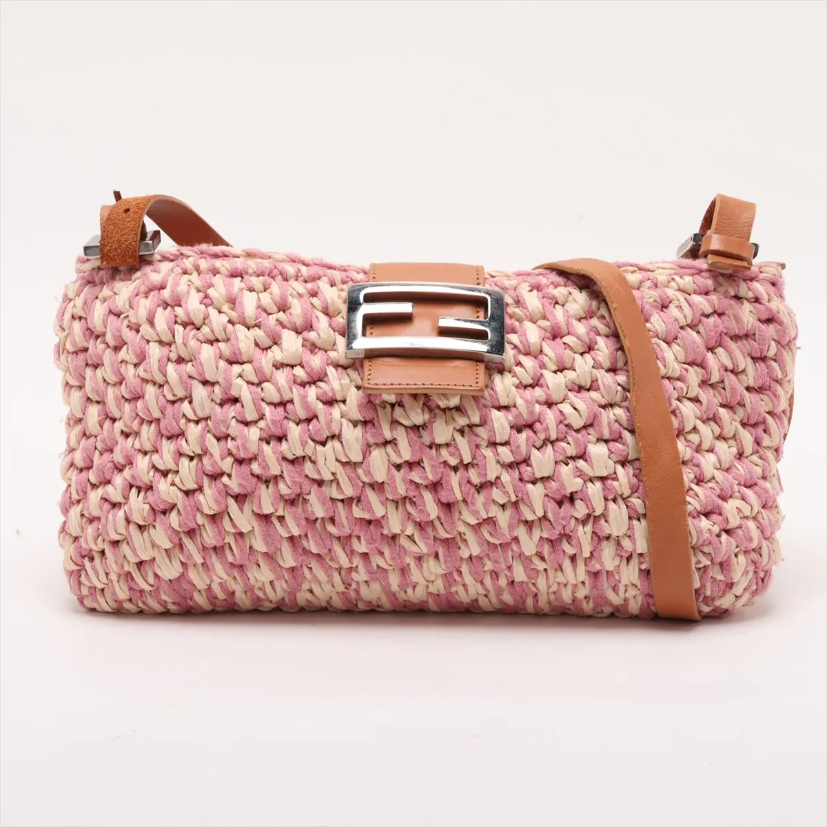 Raffia x Leather Shoulder Bag, Pink x Beige