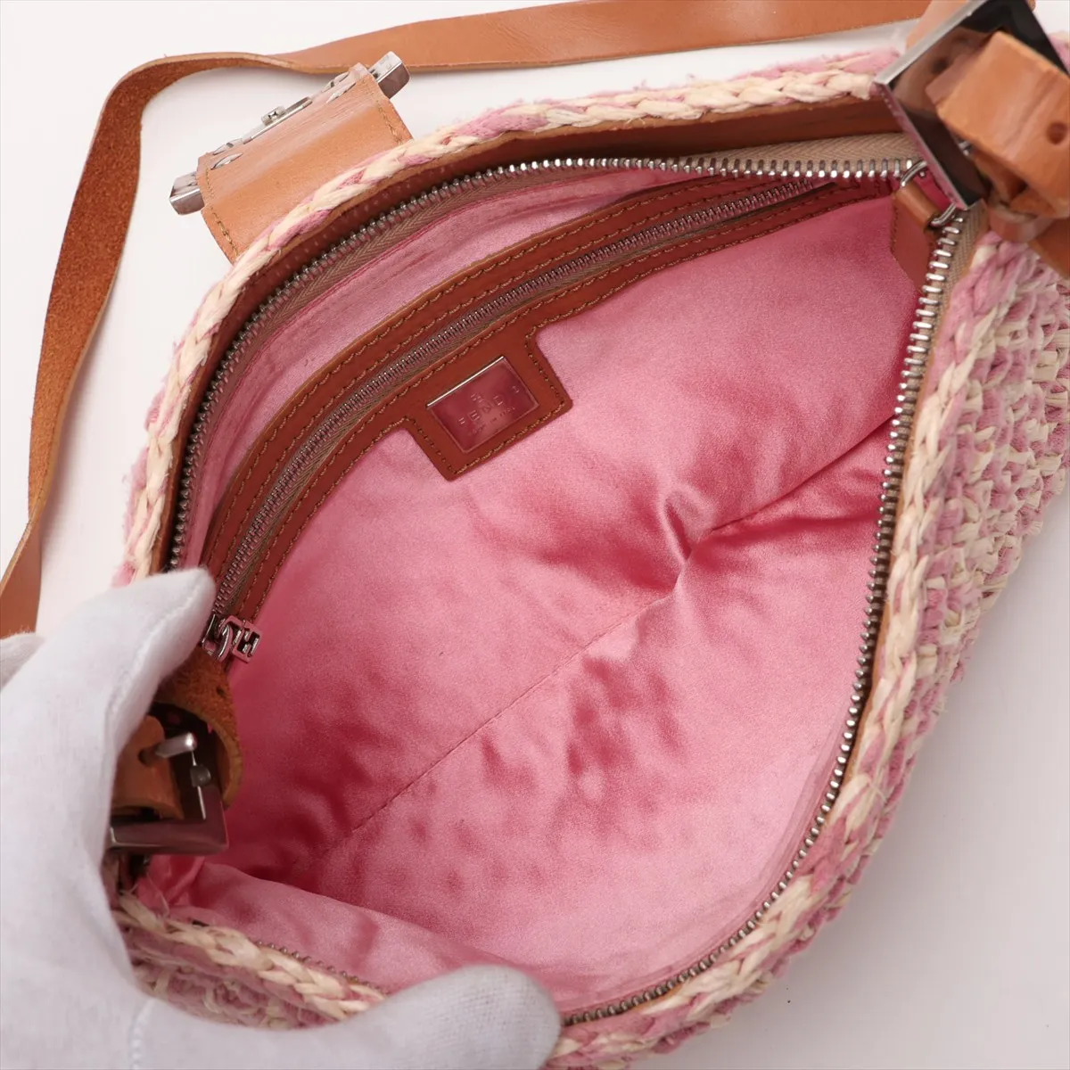Raffia x Leather Shoulder Bag, Pink x Beige — view 6