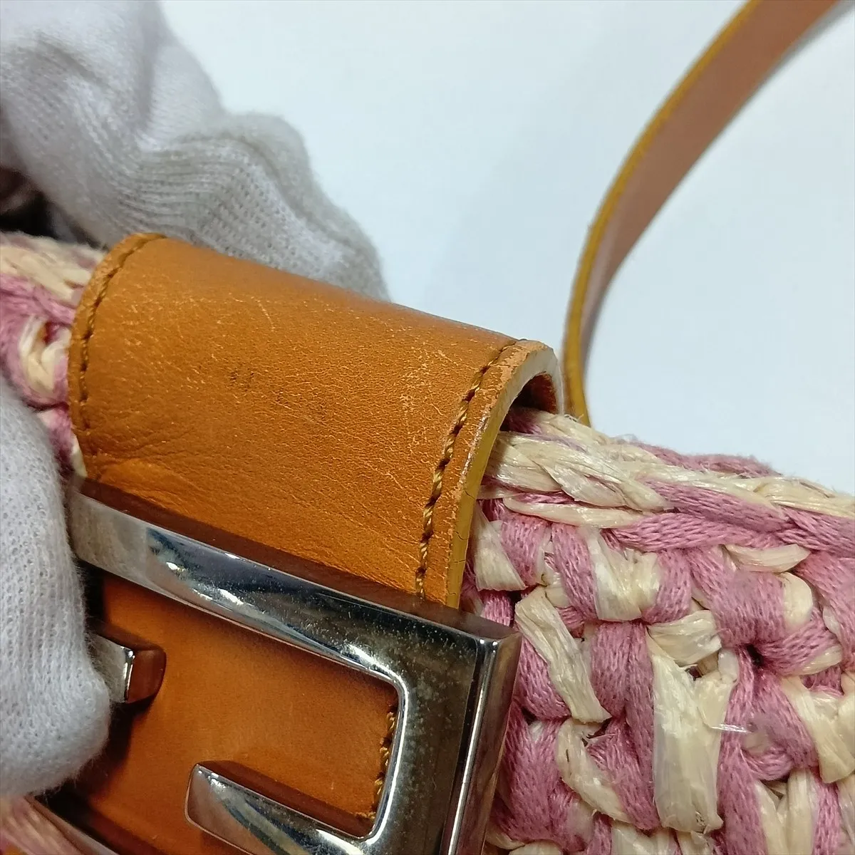 Raffia x Leather Shoulder Bag, Pink x Beige — view 9