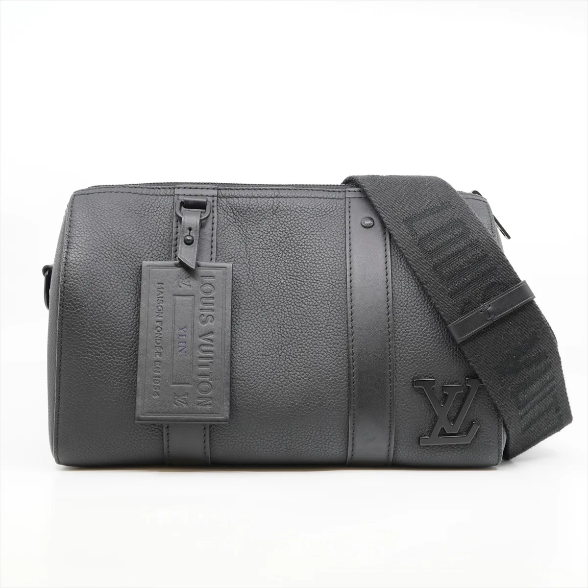 LV Aerogram City Keepall M59255 RFID-enabled black Boston bag with initials and dust bag included.