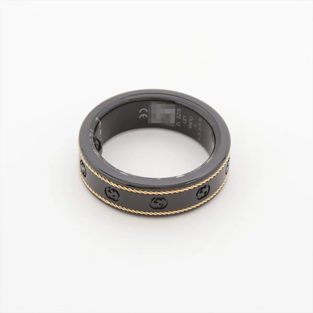 x Aura Interlocking G Ring, Size 12, Titanium, Black x Gold, — view 2