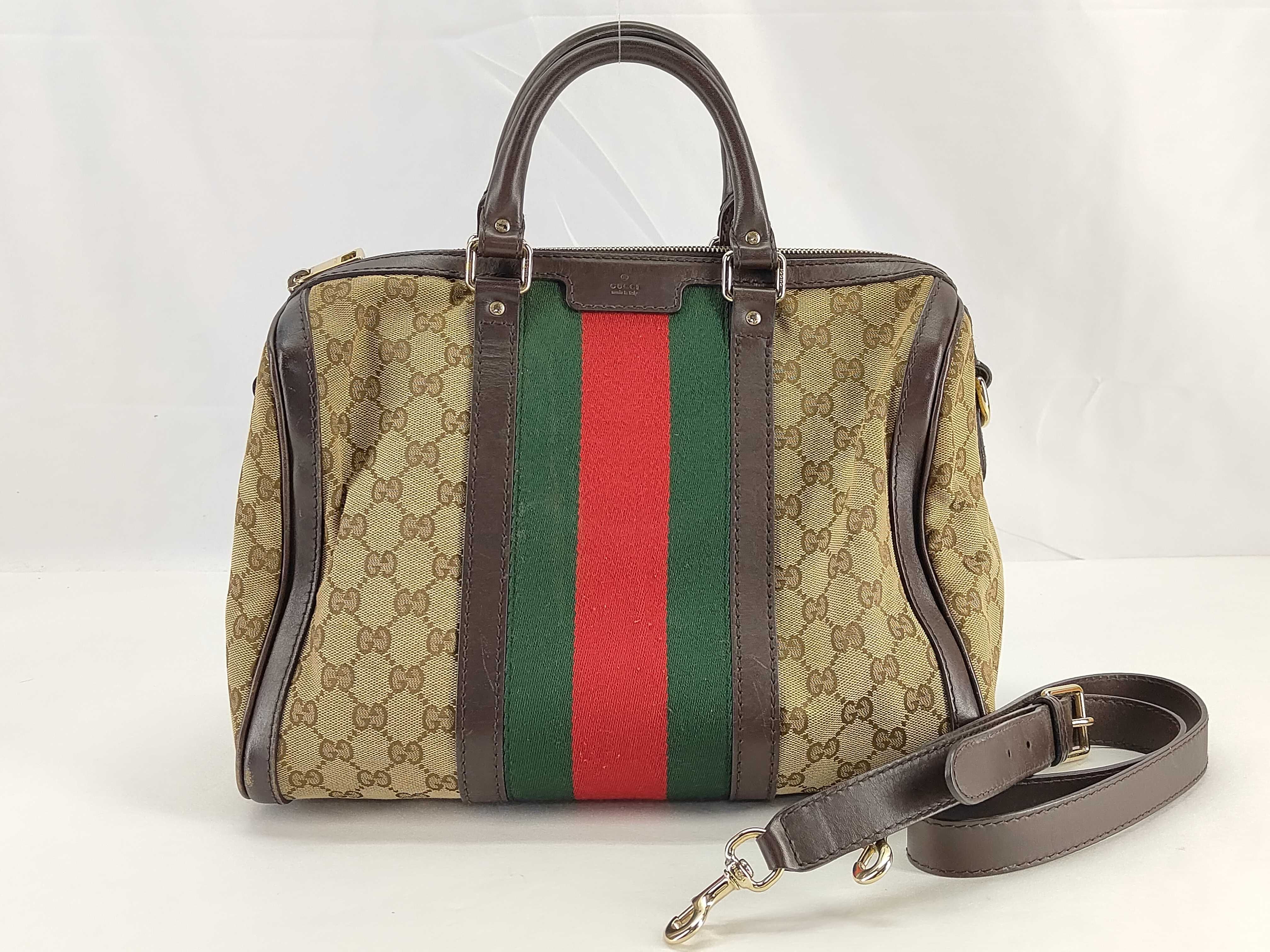 ID- GG Supreme Canvas & Cow Skin 2-Way Handbag Beige & Brown #247205 Boston Bag